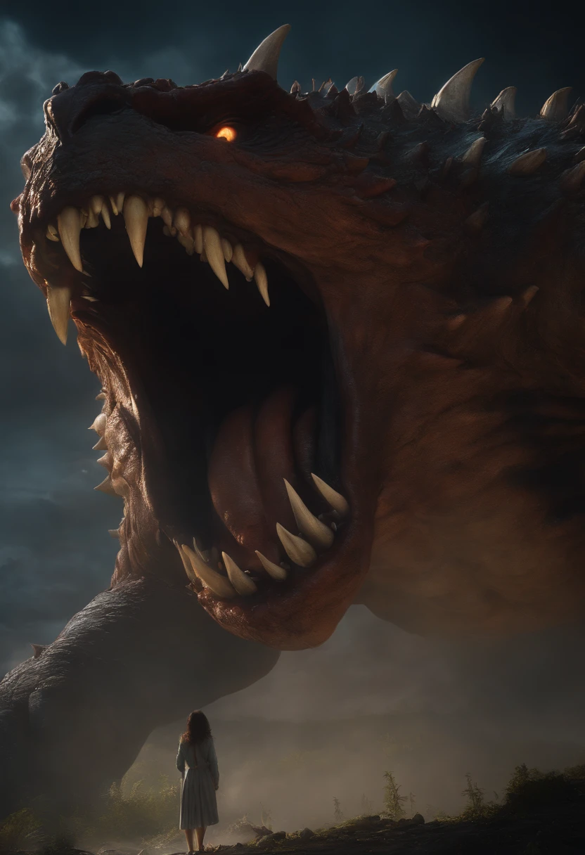 woman getting raped by monster, lighting, battered, low angle, trending on ar, tstation, 4k, hyper realistic, focused, extreme details, unreal engine 5, cinematic, masterpiece, art by studio ghibli, intricate artwork by john william turner