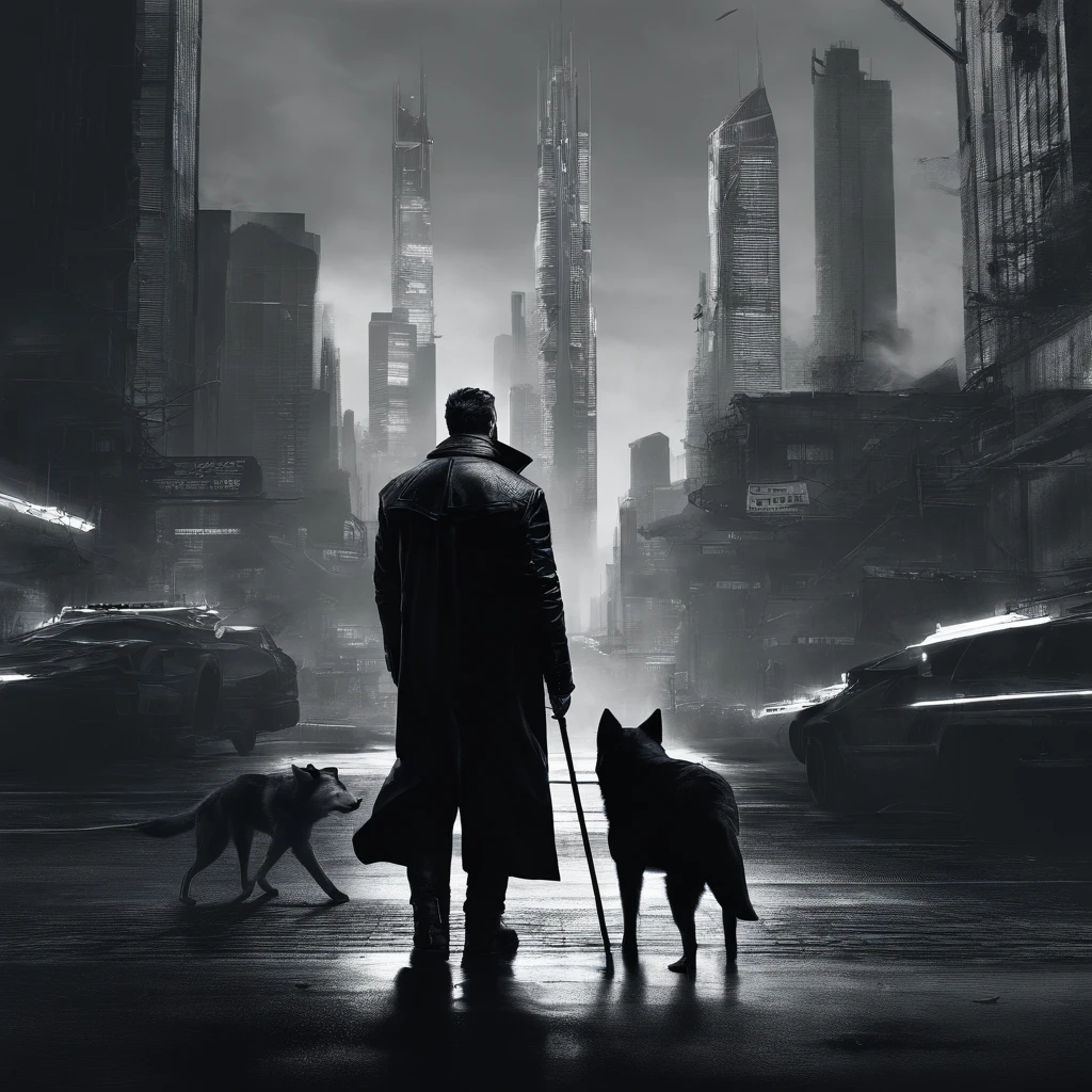 elon musk with shiba walk in cyberpunk 2077 city, long black coat, an profile perspective