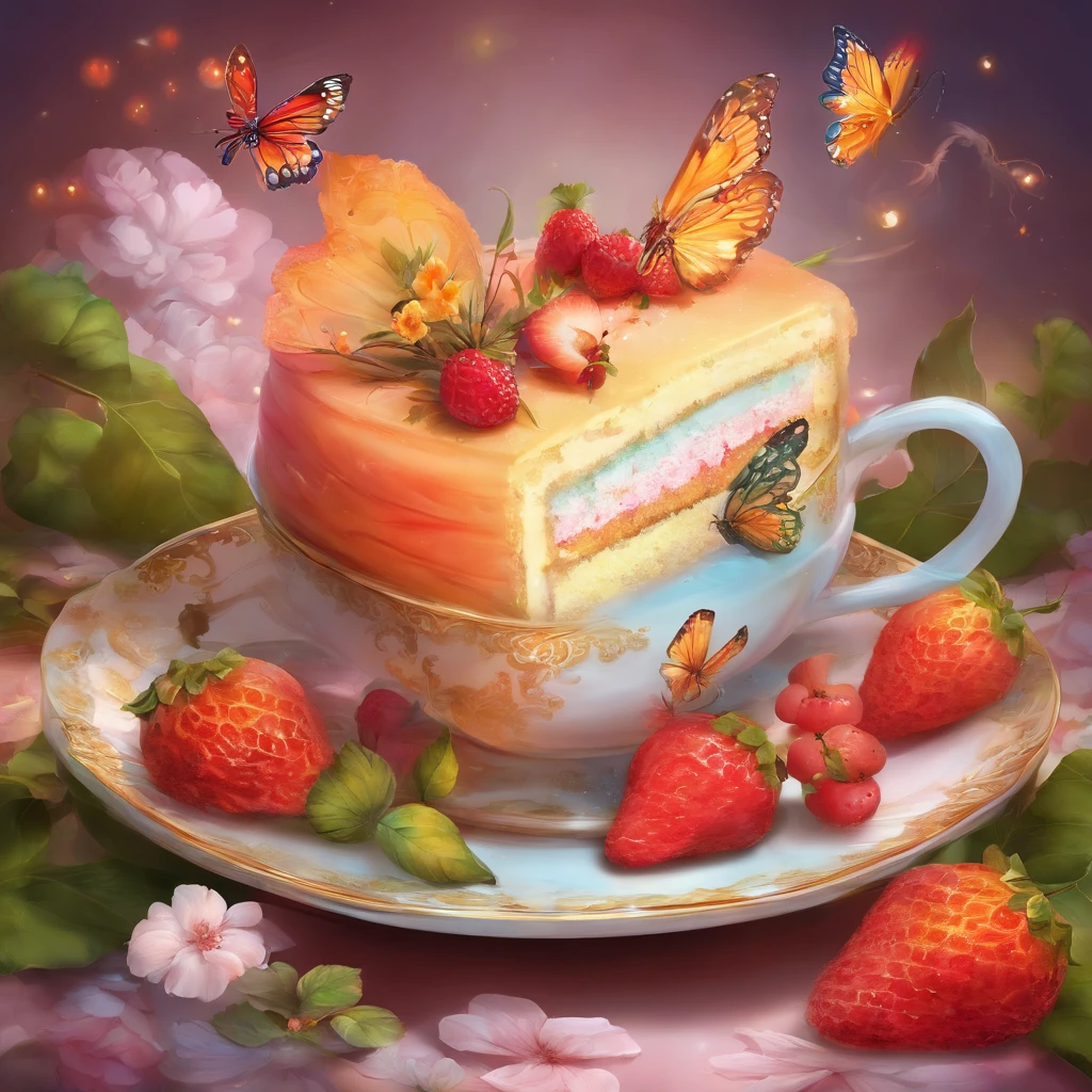 (Close-up of cake in a teacup), (Flowers, morango, melons, Butterflies),close up photograph,illustration,Masterpiece,surrealism,Onyx vessels,Cotton utensils, --upbeta