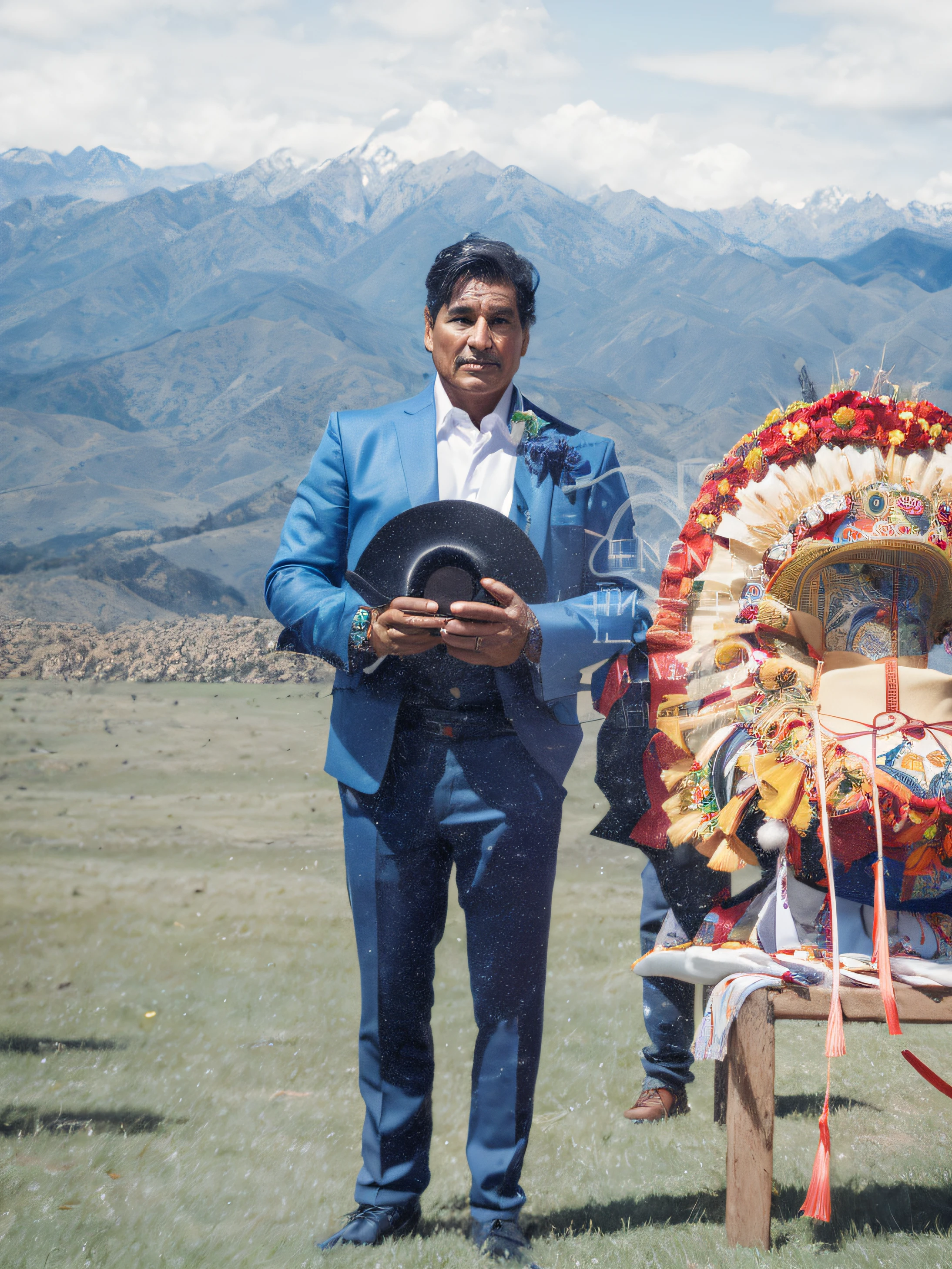 Hay un hombre de pie junto a una corona con un sombrero, ivan bolivian, Julio Lacerda, actor, Peru, Foto de un hombre, por William Berra, eloy morales, Peruano, Juan Sanchez Cotán, Ricardo Milos, Pedro Correa, jose miguel roman frances, victor maristane, pablo perdomo