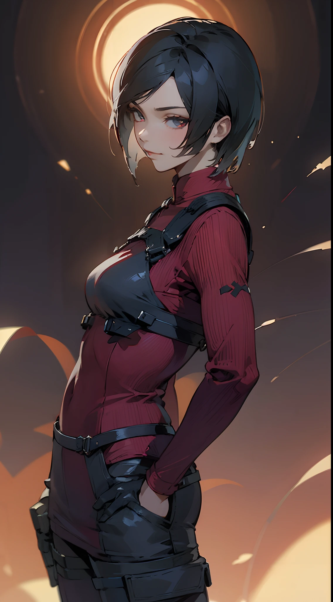 model at middle positions ,1 rapariga， 独奏， Ada Wong in Resident Evil 4 Remake， short detailed hair， brunette color hair， Red cheongsam， Short-sleeved shirt， Nero， nedium breasts， upper limbs， hindquarters， Black heels， Adriana's face， Find your audience， sly smile， A pistol was hung on her waist， best qualtiy， hight resolution：1.2， 18th century village in the background， Shadowing， Nightmare， rays of moonlight， Upper body photography， Low camera angle、depth of fields、center focused