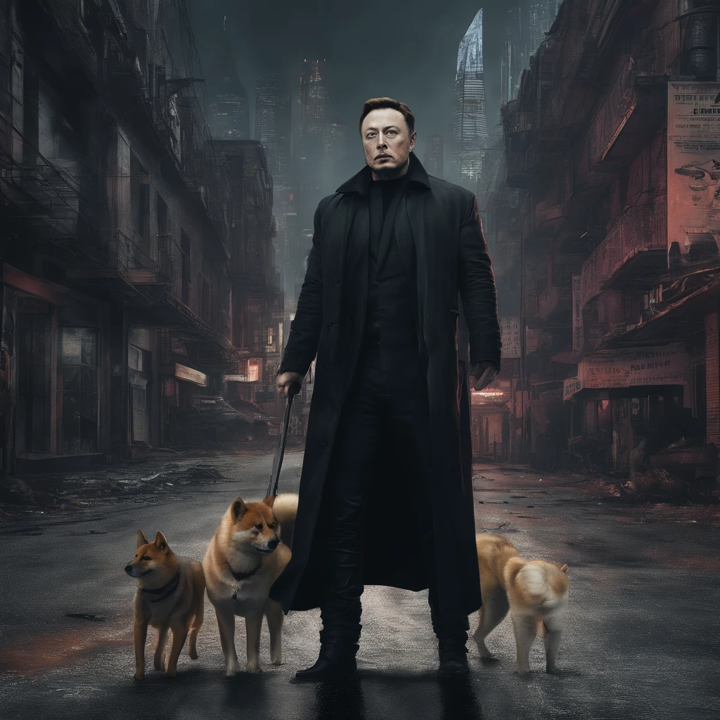 elon musk with shiba walk in cyberpunk 2077 city, long black coat