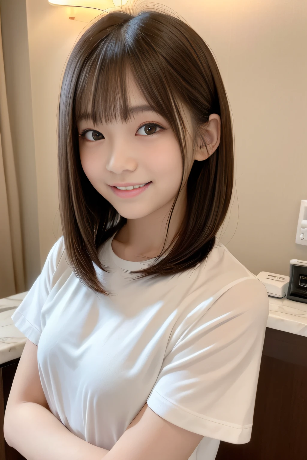 8K、Realistic、A detailed face、Detailed mouth、A detailed eye、large full breasts:1.8、wetted skin、is standing、A smile、shot from front, (Huge breasts), (Smile:1.15)、Tight T-shirt、Volleyball Wear、