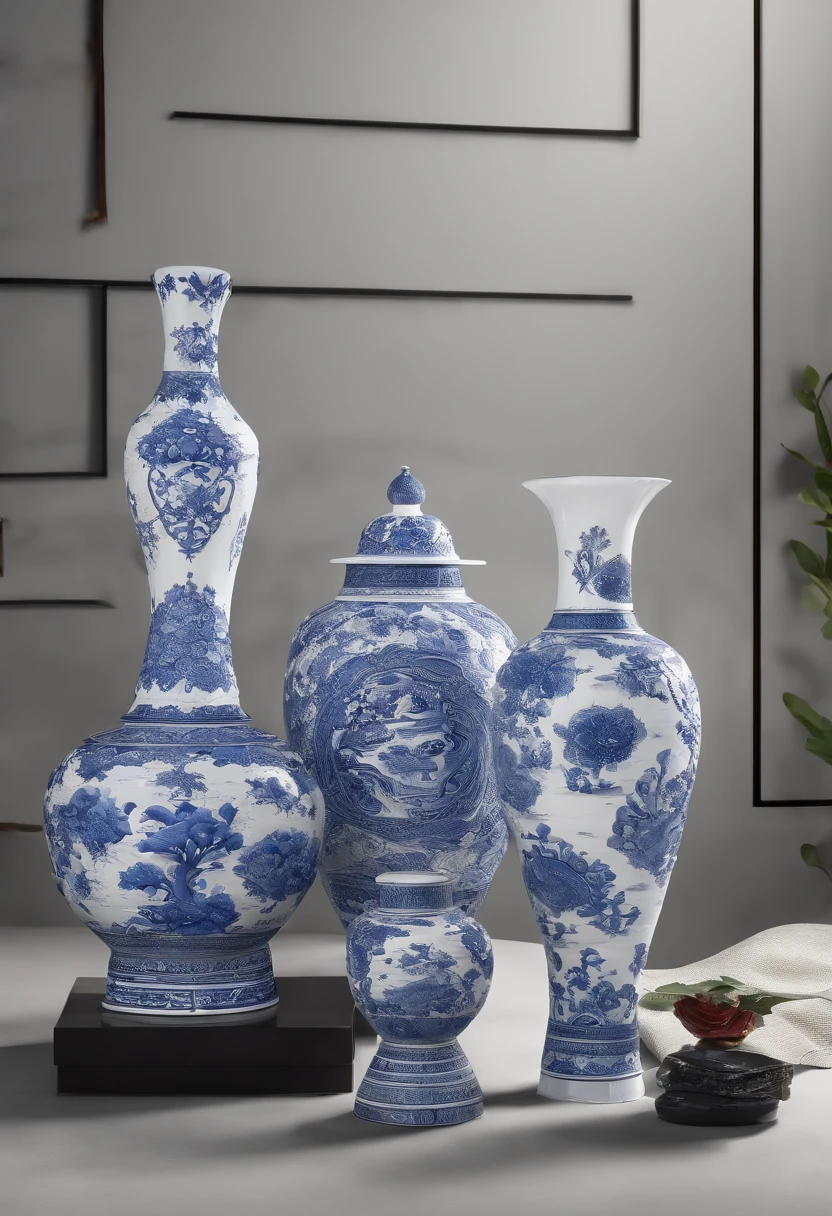 Blue and white porcelain,Ceramic material,Ornaments,Chinese bronzes,Three-dimensional sculpture,artwork of a,High detail,3D,Chiaroscuro, Cinematic lighting, god light, Cinematic lighting, hyper HD, High details, Best quality, A high resolution, Textured skin