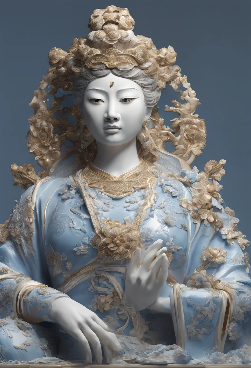 Blue and white porcelain,Ceramic material,Ornaments,Chinese bronzes,Three-dimensional sculpture,artwork of a,High detail,3D,Chiaroscuro, Cinematic lighting, god light, Cinematic lighting, hyper HD, High details, Best quality, A high resolution, Textured skin