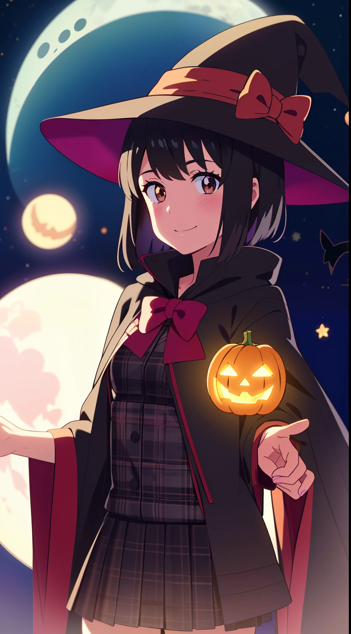 shinkai makoto, kimi no na wa., 1girl, bangs, black hair, blush, bow, brown eyes, looking at the viewer, short hair, smile, solo, happy, Halloween, black dress Halloween, Upper body, moon lighting, Perfect hand, Tokyo at night, Halloween Decorations, Wizard Hat, cloaks, skirt, Plaid miniskirt