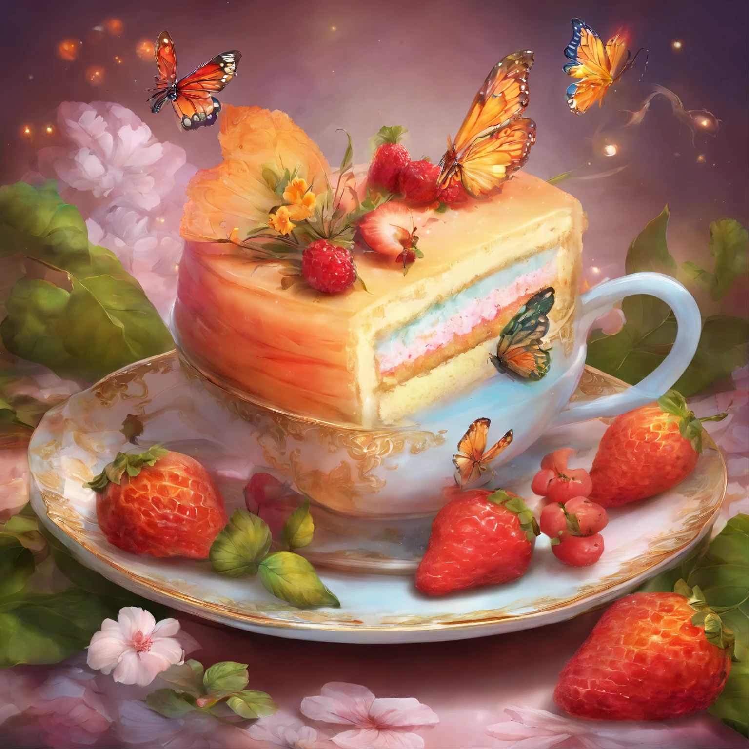 (Close-up of cake in a teacup), (Flowers, morango, melons, Butterflies),close up photograph,illustration,Masterpiece,surrealism,Onyx vessels,Cotton utensils, --upbeta