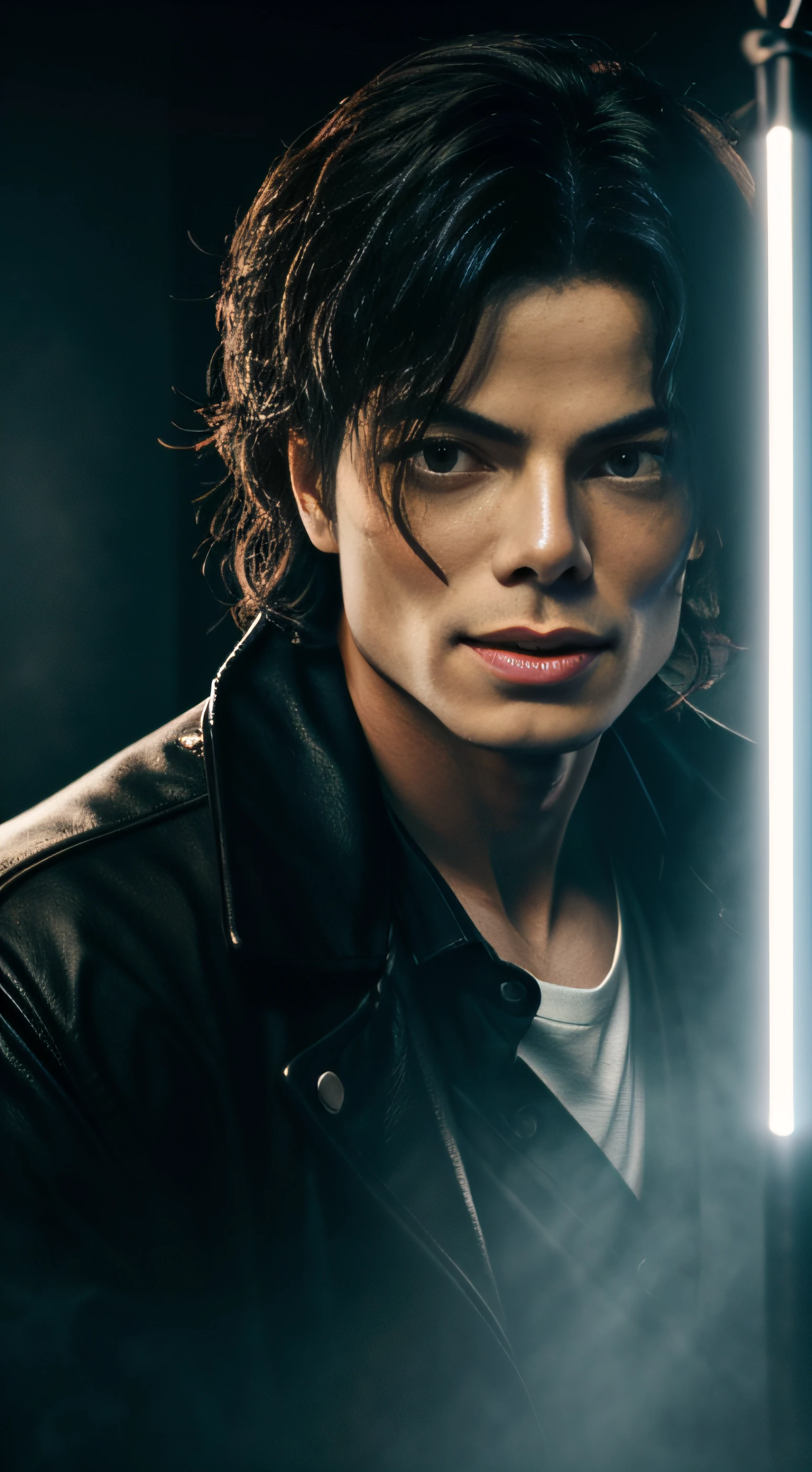 Michael Jackson, with stage lights, raw analog style, captivating eyes, captivating expressions. The background should be neutral and simple, paying close attention to details such as the highlights and shadows on his face and hair to create a realistic and realistic image. Experiment with different lighting techniques to enhance the mood and mood of your portraits. highly detailed skin, skin detail, sharp focus, volumetric fog, 8k uhd, dslr, high quality, film grain, fujifilm xt3