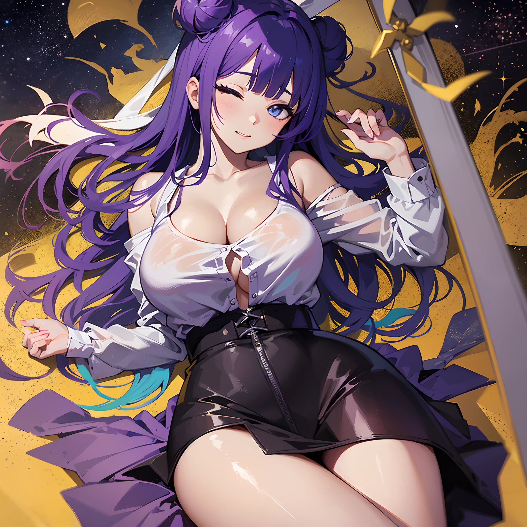 (masutepiece:1.3), (Best Quality:1.3), de pele branca、High resolution, Couboy Shot, Superb view of the back、(One Cute Girl:1.3), Solo, huge smile、A ring of iridescent angels hovers above my head、Angel Ring、Superb view of the cityscape、Eight-headed body、Colorful starry sky,Long white T-shirt、Wrinkled white shirt、Sat down、Keep your hands on the ground、Pose like a dog、Cleavage Pose、Emphasizes cleavage、Purple hair, (bobhair:1.2), Mixed mesh and light green、Bun hair, (Blunt bangs:1.2), Beautiful hair, Eyes are purple, Miraculous Eye、Light from the eyes、One eye is closed(1:4)、Beautiful detailed eyes, ultradetailed eyes、Golden Eyes、Glitter eyes,from the rear、Colorful starry sky,Stars,Iridescent aura around the eyes、Lie down and stick your hips out、Iridescent eyes、Narrowed eyes sucked in,Wearing a rainbow-colored aura from the whole body、 Shadow lighting、5 fingers、perfect hand、It has only 5 fingers、In detail around the hand、Detailed expression of hands