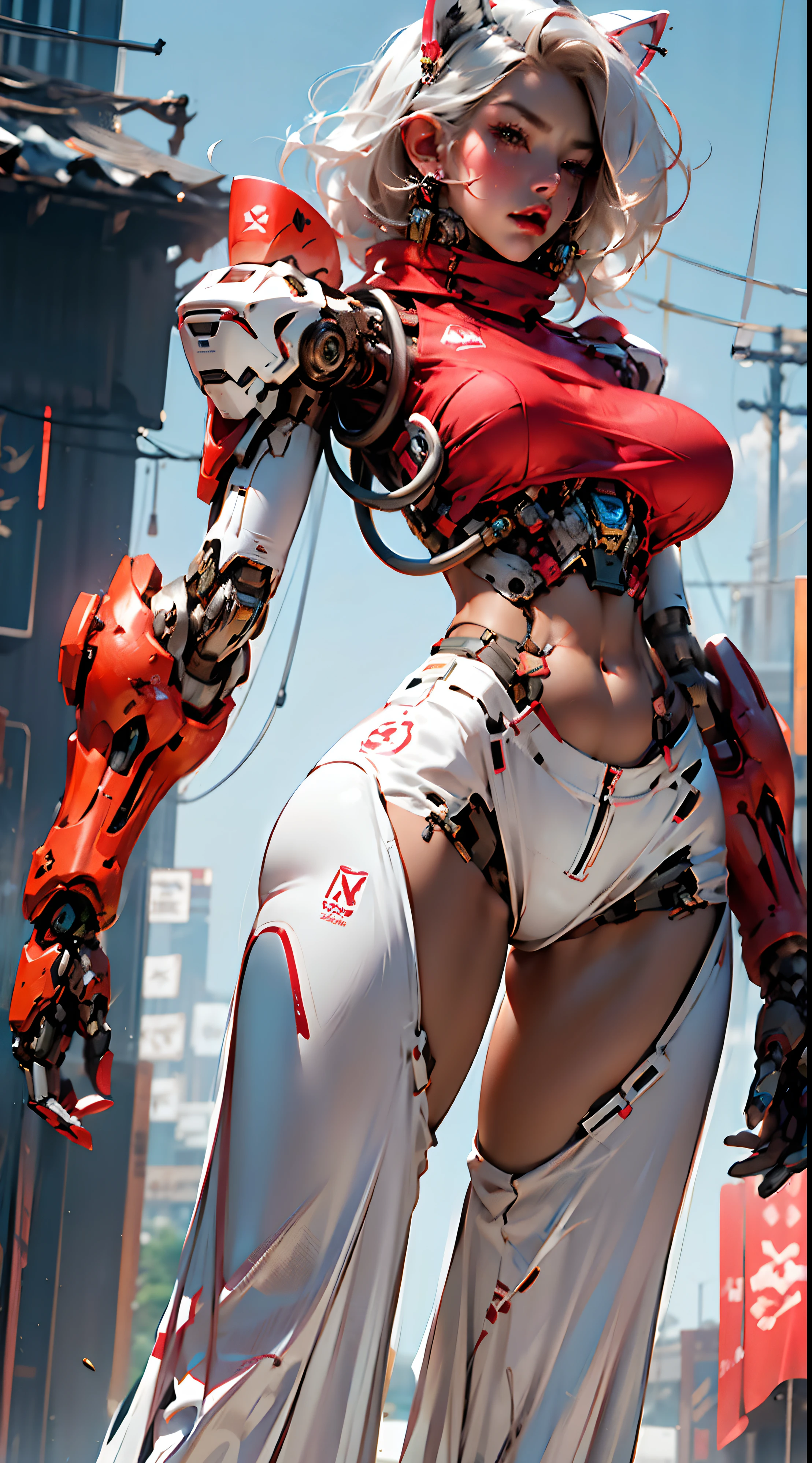 masterpiece,best quality,ultra-detailed, , 1girl,solo, mecha musume, mechanical parts,robot joints, blush,standing, cat ears, large breast, epic background, angry face, angry expresions, epic pose, space background,