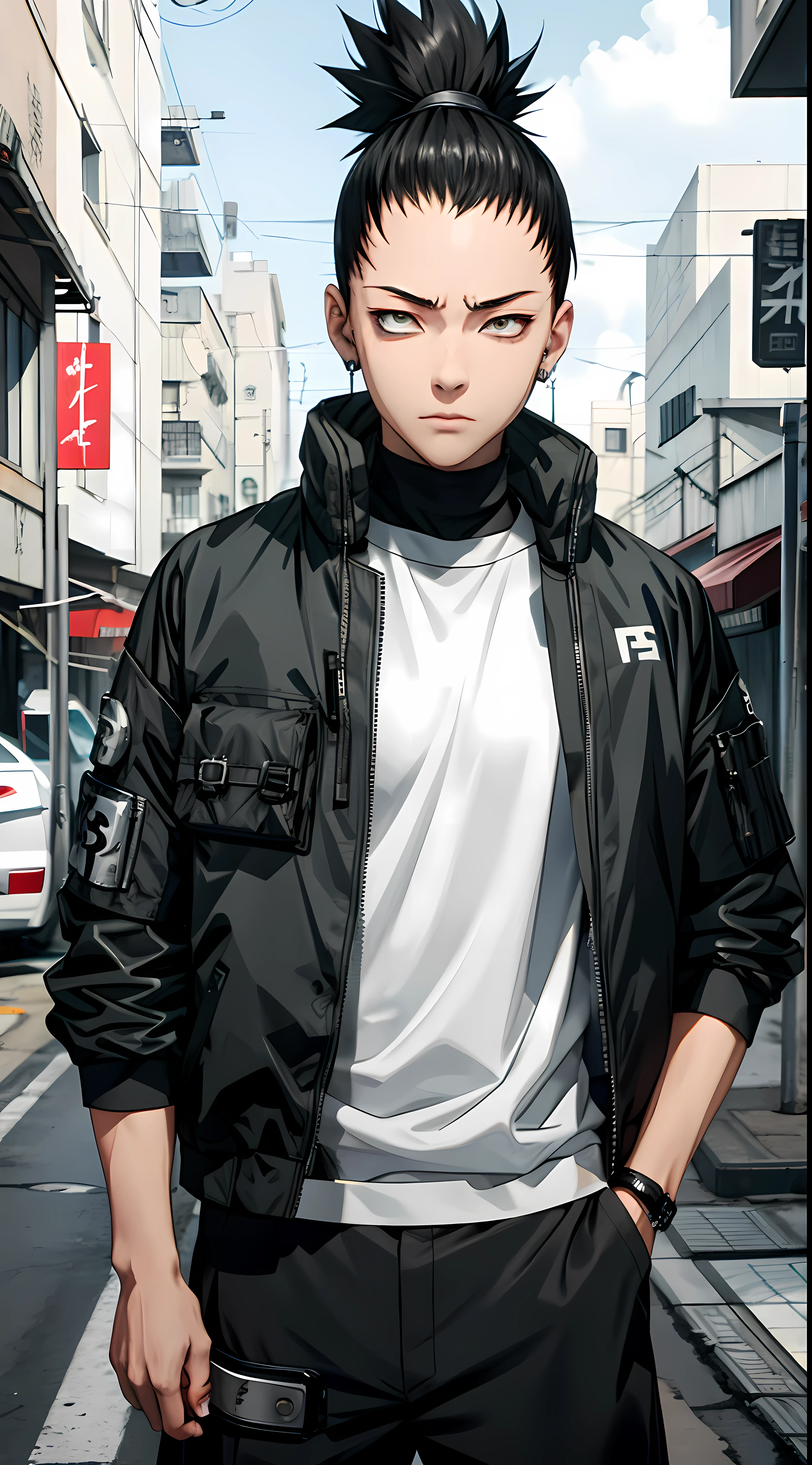 Masterpiece, 1boy, Superb Style, cyberpunk style, Streetwear clothes, Outdoor, Upper Body, Shikamaru nara, bright eyes, black hair, cool boy