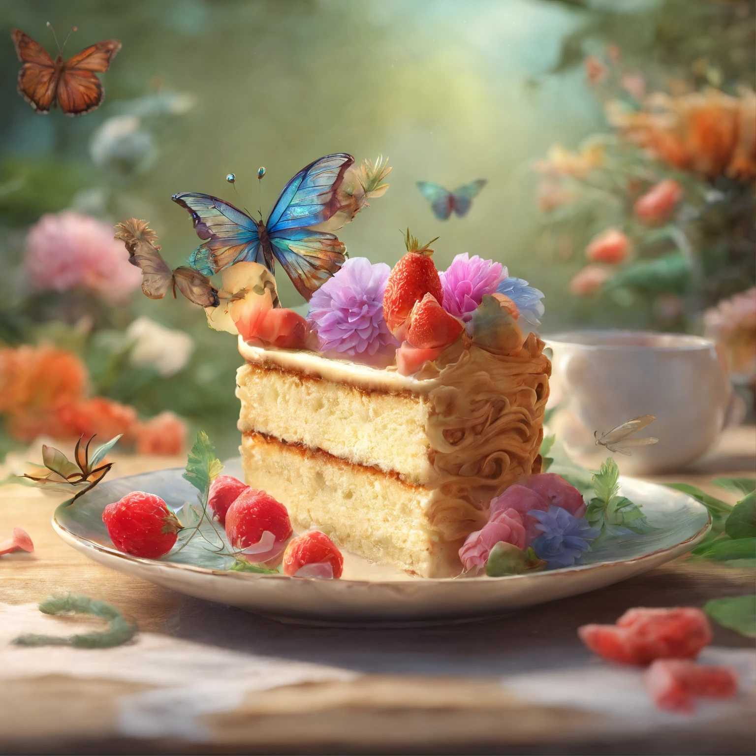 (Close-up of cake in a teacup), (Flowers, morango, melons, Butterflies),close up photograph,illustration,Masterpiece,surrealism,Onyx vessels,Cotton utensils, --upbeta，{{Masterpiece}}, {{{Best quality}}},{{Ultra-detailed}}, {{illustration}},{{Disheveled hair}},{{Masterpiece}},{{{Best quality}}},{{Ultra-detailed}}, close up photograph,,surrealism,Impresso em 3D,Scorpio, ♏︎,High detail,hyper qualit,surrealism,hyper photorealism,8K
