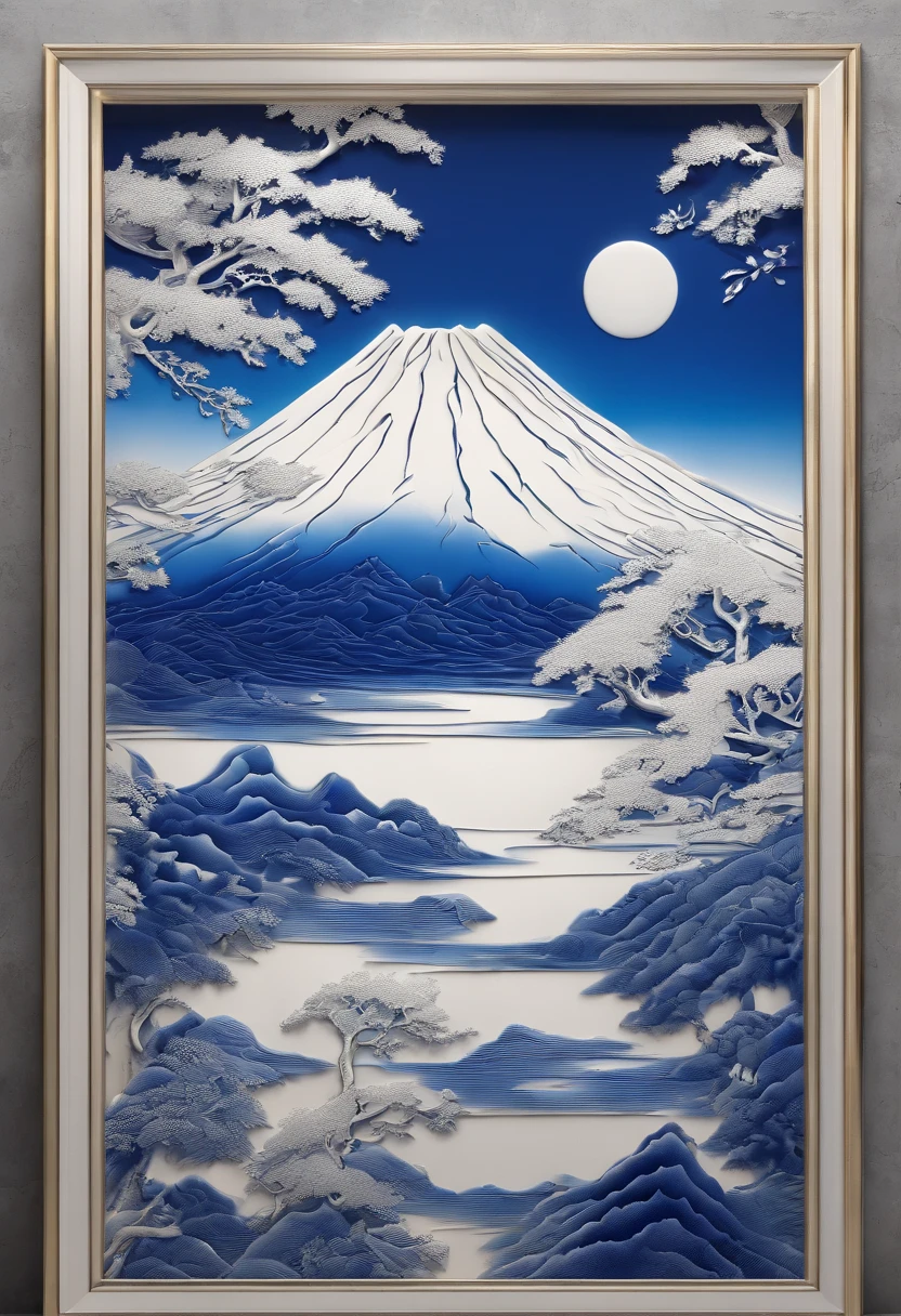 Blue and white porcelain,Mt. Fuji dwelling map,Ceramic material,wall paintings,artwork of a,High detail,3D,Chiaroscuro, Cinematic lighting, god light, Cinematic lighting, hyper HD, High details, Best quality, A high resolution, Textured skin