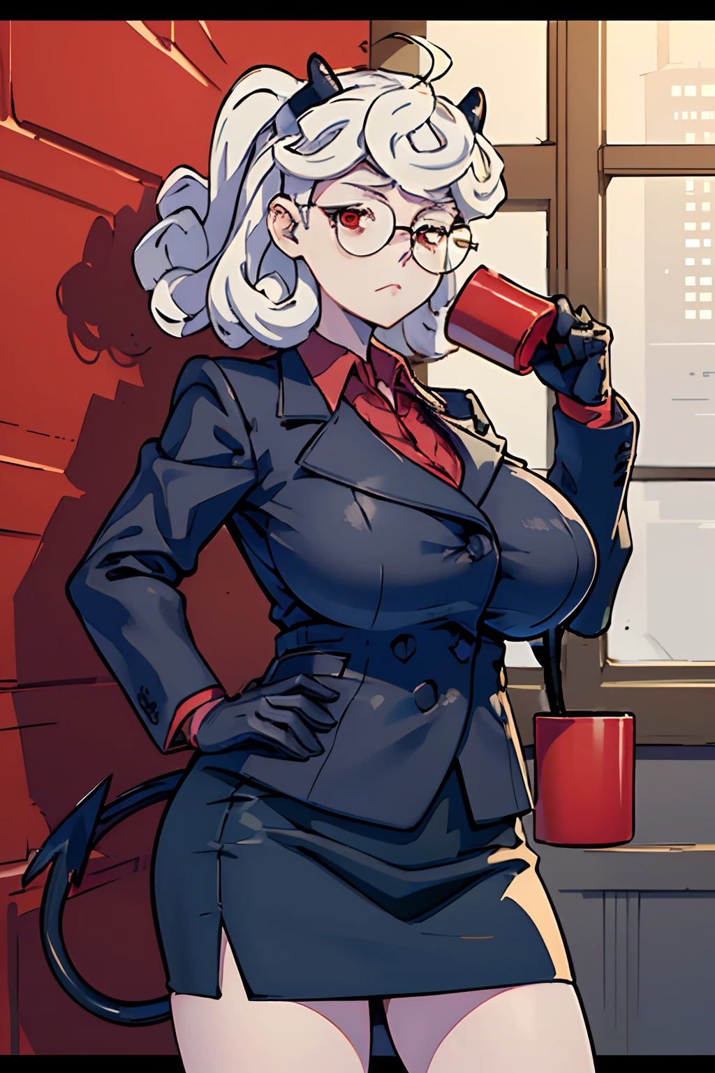 (masterpiece, best quality:1.2), solo, 1girl, htpandemonica, expressionless, looking at viewer, holding coffee mug, glasses, formal, suit, black jacket, red shirt, black gloves, black skirt , demon horns, demon tail , realistic,HD,4K, perfect anatomy,huge breasts, fat tits, massive boobs