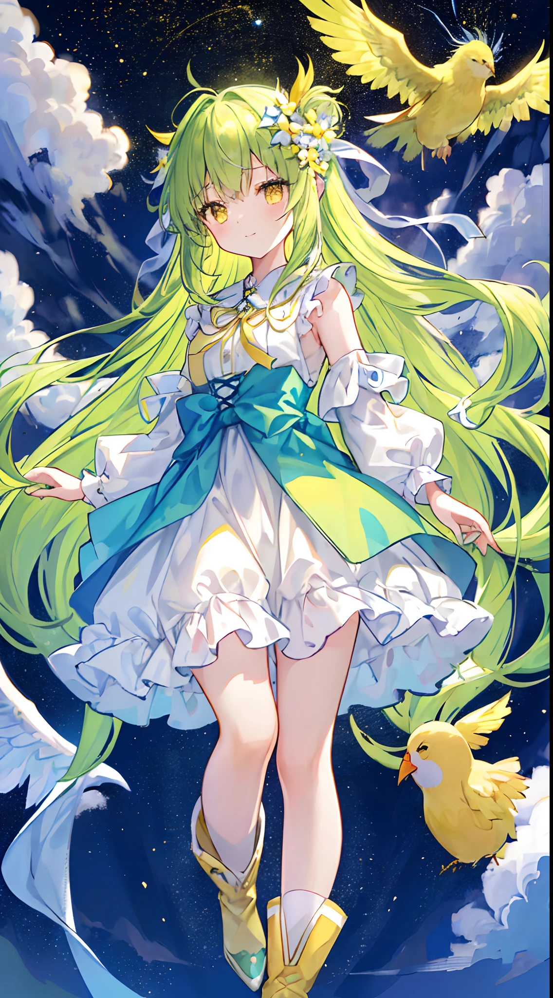 (top-quality), (masterpiece)、(ultla detailed)、(Beautiful girl alone:1.3)、Lori、10yaers old、cute little、Short stature、angelicales、(Holo:1.3)、White blouses、White angel wings、(blue ribbons:1.3)、(Blue ribbon at waist:1.2)、White skirt、golden patterns、yellow-green frills、A smile、(are flying)、(yellow eyes)、Medium chest、(Yellow-green hair:1.3)、The ends of the hair are light blue、(Straight hair:1.3)、Floating hair、(Longhaire:1.2)、Flower Hair Elastic、(Black boots)、(Sleeveless)、godrays、(Clouds on yellow sky background:1.3)、(Yellow-green bird:1.1)、Gold bangles、The lining of the skirt has a starry sky pattern