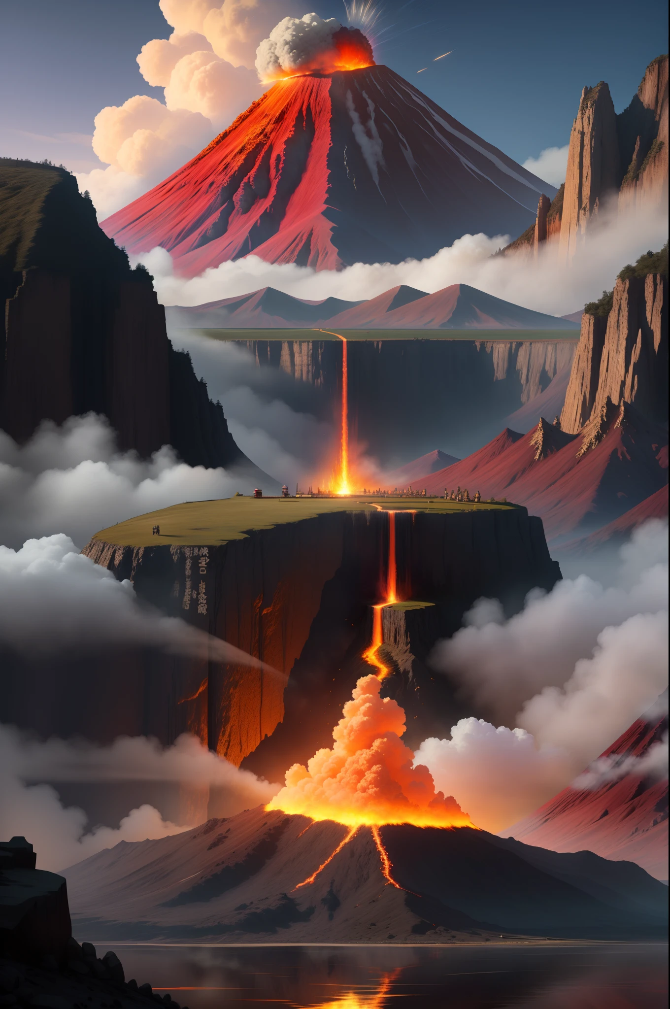 Drawing, fantasy, realism, high detail, cliff, cliff, 26-year-old girl with curly brown hair, looking at an erupting volcano, 8kk