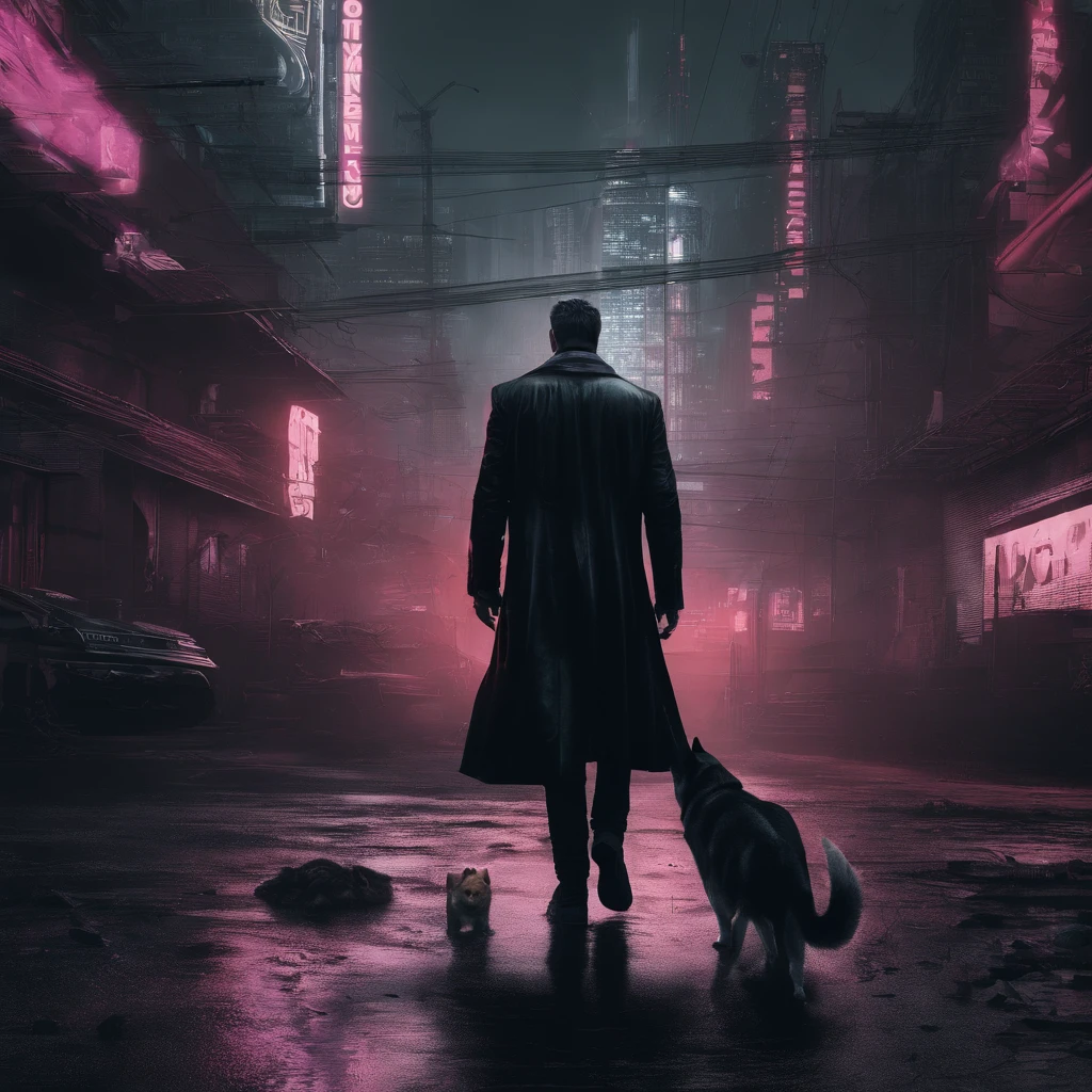 elon musk with shiba walk in cyberpunk 2077 city, long black coat with logo btc