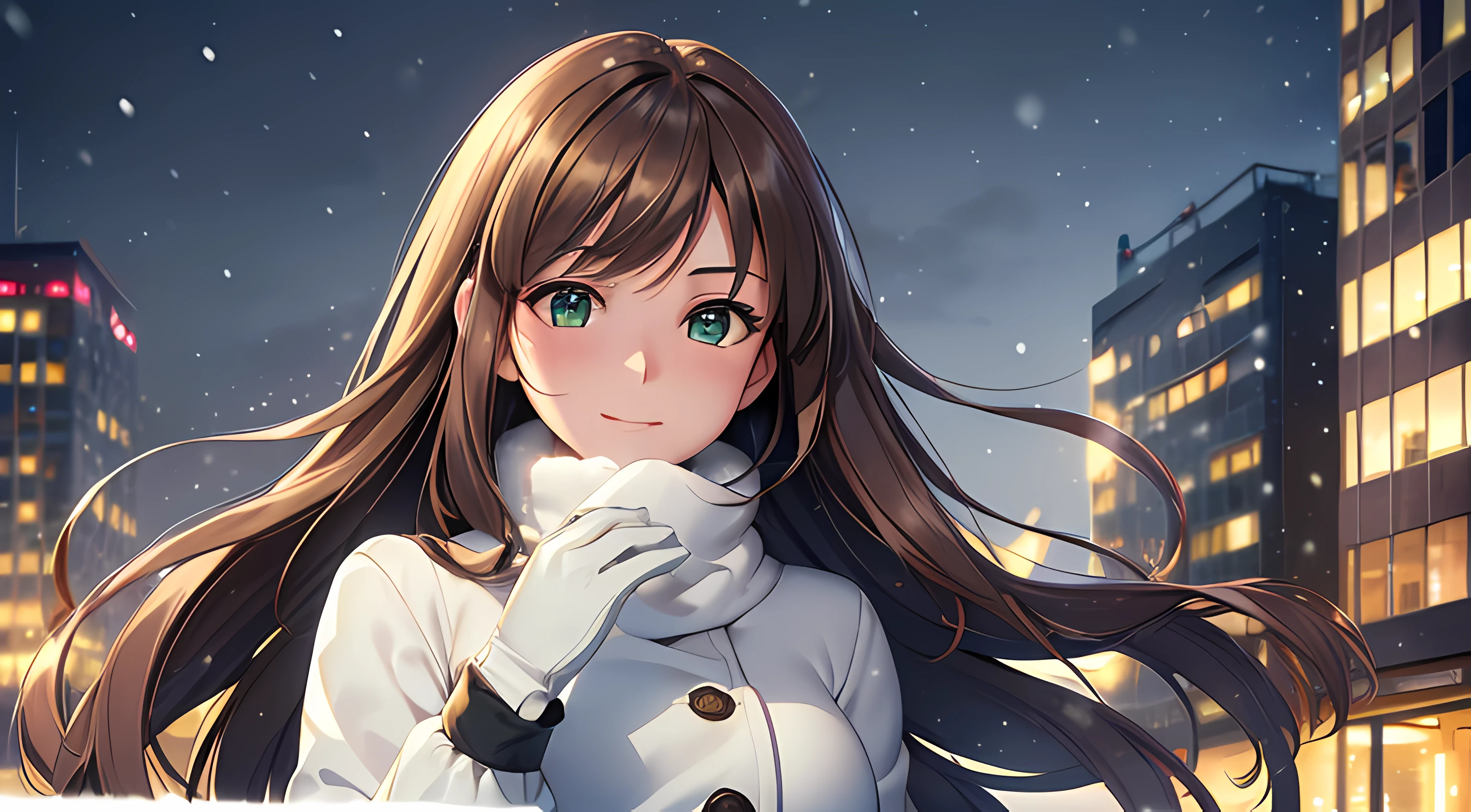 ((masterpiece, best quality, highres, UHD, perfect pixel, depth of field, 4k, RTX, HDR)), ((golden ratio, rule of third)), 1girl, single, solo, 24 years old, beautiful anime girl, beautiful artstyle, anime character, sly smile, beautiful smile, ((long hair, parted bangs, brown hair)), (green eyes:1.4, rounded eyes, beautiful eyelashes, realistic eyes), (detailed face, blushing:1.2), (smooth texture:0.75, realistic texture:0.65, photorealistic:1.2, cinematic, anime CG style), medium breasts, perfect body, busty, (dynamic angle, pov), ((winter clothes, long coats, mittens, gloves, long underwear)), night, city lights, bokeh:1.4, (outdoor, city buildings, crowd), ((winter, snowfall:1.8, the wind blows)), (graceful, prestigious, glorious, elegant)