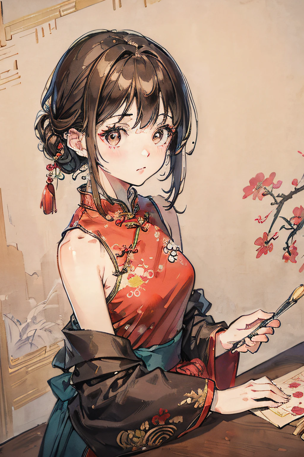 , extremely detailed,realistic, ,shukezouma, canvas, illustration, oil painting, masterpiece, best quality, ultra quality, smooth focus, fine detailed, 8k, 8k resolution,shuimobysim 1 girl, with brown hair wearing a Chinese style cheongsam beautiful wallpaper background,