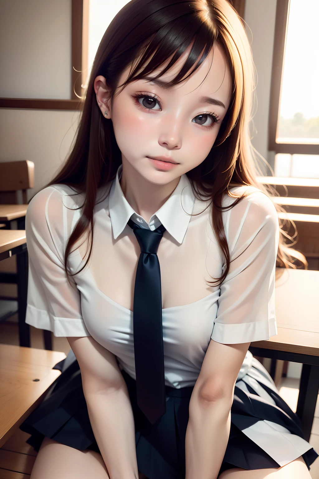 (masutepiece, Best Quality:1.2), 8K, 18year old, 85 mm, Official art, Raw photo, absurderes, White dress shirts, Pretty Face, close up, Upper body, violaceaess, gardeniass, Beautiful Girl, School uniform, (Navy pleated skirt:1.1), Cinch West, thighs thighs thighs thighs, Short sleeve, ‎Classroom, Sit on a bench seat, Looking at Viewer, No makeup, (Smile:0.4), Film grain, chromatic abberation, Sharp Focus, face lights, clear lighting, Teen, Detailed face, Bokeh background, (dark red necktie:1.1)、medium breasts⁩