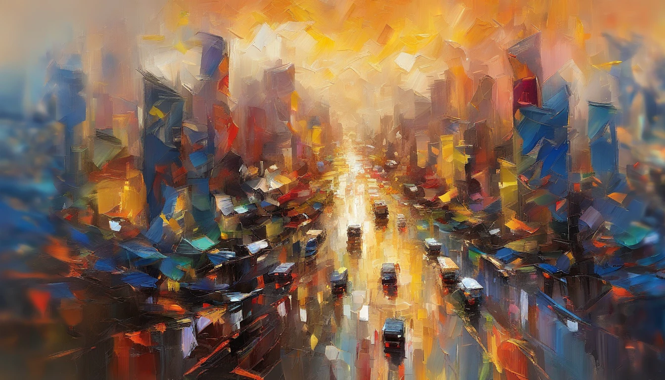 Daytime from Beijing, Buildings,rainy season,rios ,Bird's eye view of the city building skyline, Traffic is moving,People are walking,Masterpiece oil painting, Drawing by Mark Lague.