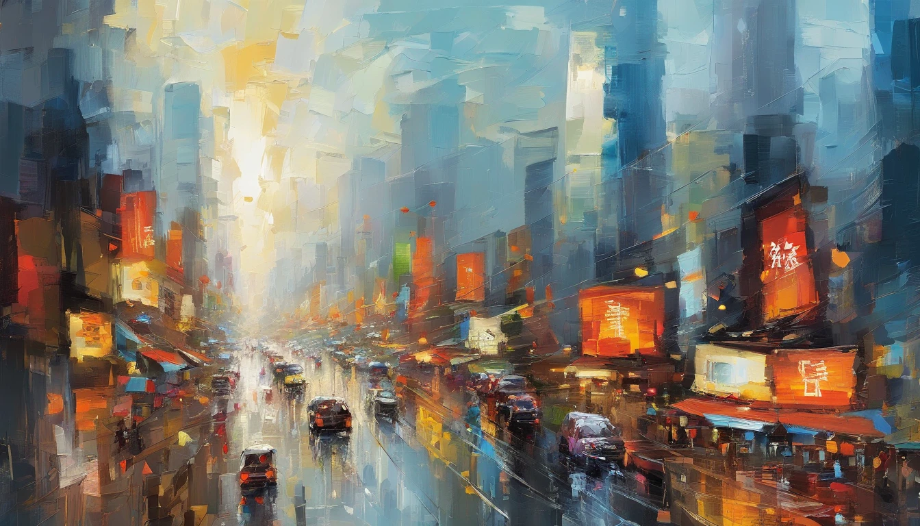 Painting of a city street with cars and people walking on it - SeaArt AI