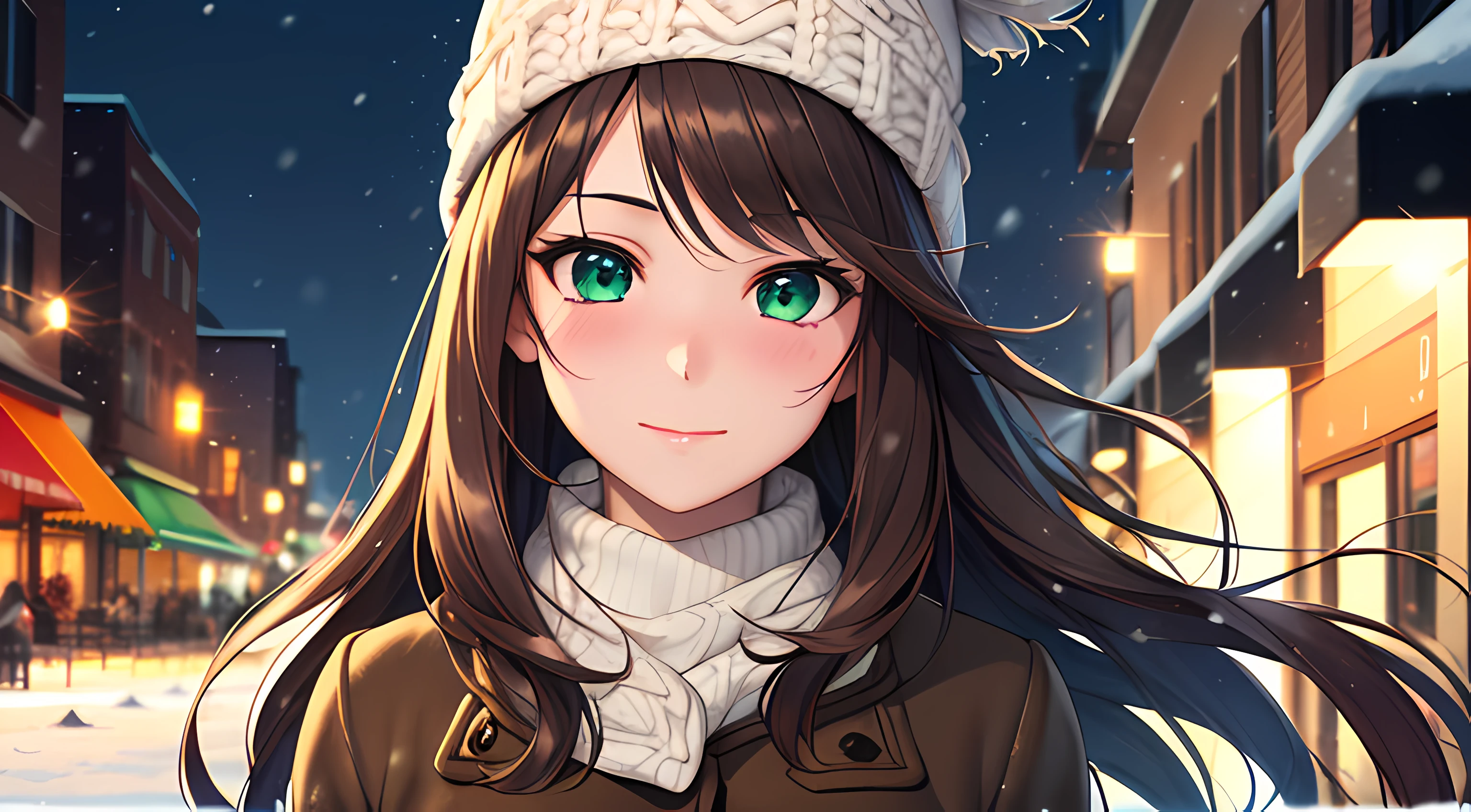 ((masterpiece, best quality, highres, UHD, perfect pixel, depth of field, 4k, RTX, HDR)), 1girl, single, solo, 24 years old, beautiful anime girl, beautiful artstyle, anime character, ((long hair, parted bangs, brown hair)), (green eyes:1.4, rounded eyes, beautiful eyelashes, realistic eyes), (detailed face, blushing:1.2), (smooth texture:0.75, realistic texture:0.65, photorealistic:1.2, cinematic, anime CG style), medium breasts, perfect body, busty, (dynamic angle, pov, close up), ((winter clothes, long coats, knit hat, mittens, gloves, long underwear)), night, city lights, bokeh:1.4, (outdoor, city buildings, crowd), ((winter, snowfall:1.8, the wind blows)), sly smile, graceful, prestigious, glorious, elegant