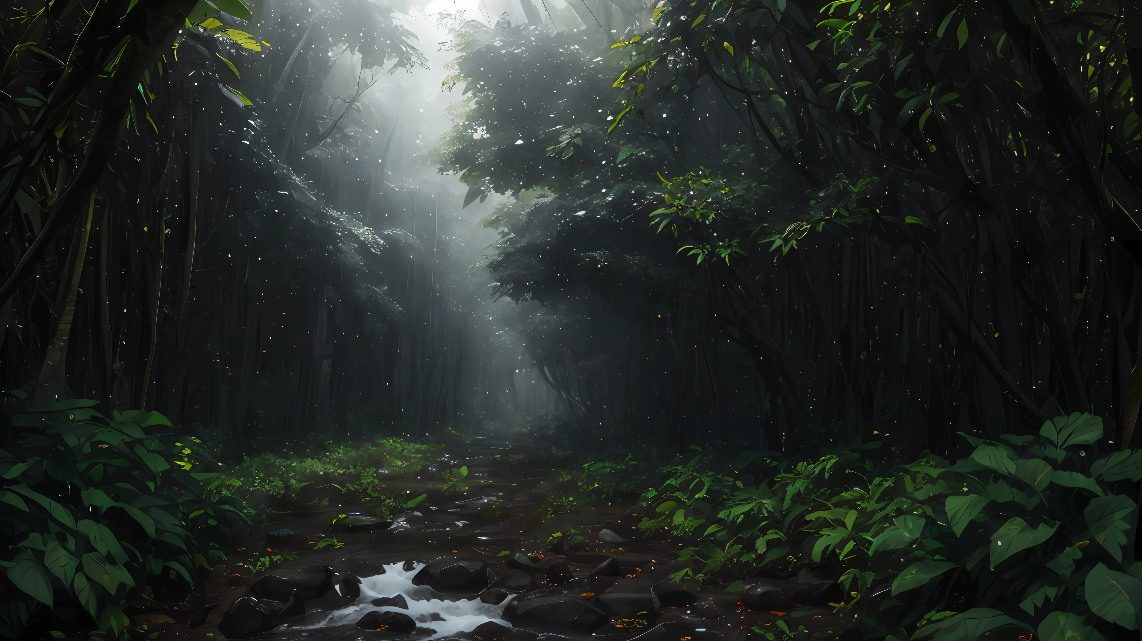 A jungle, with intense rainfall, monochromatic, vines all around, giant and wet trees, masterpiece, best quality, high quality, extremely detailed CG unity 8k wallpaper, oil paiting, award winning photography, Bokeh, Depth of Field, HDR, bloom, Chromatic Aberration ,Photorealistic,extremely detailed, trending on artstation, trending on CGsociety, Intricate, High Detail, dramatic, art by midjourney, volumetric lighting