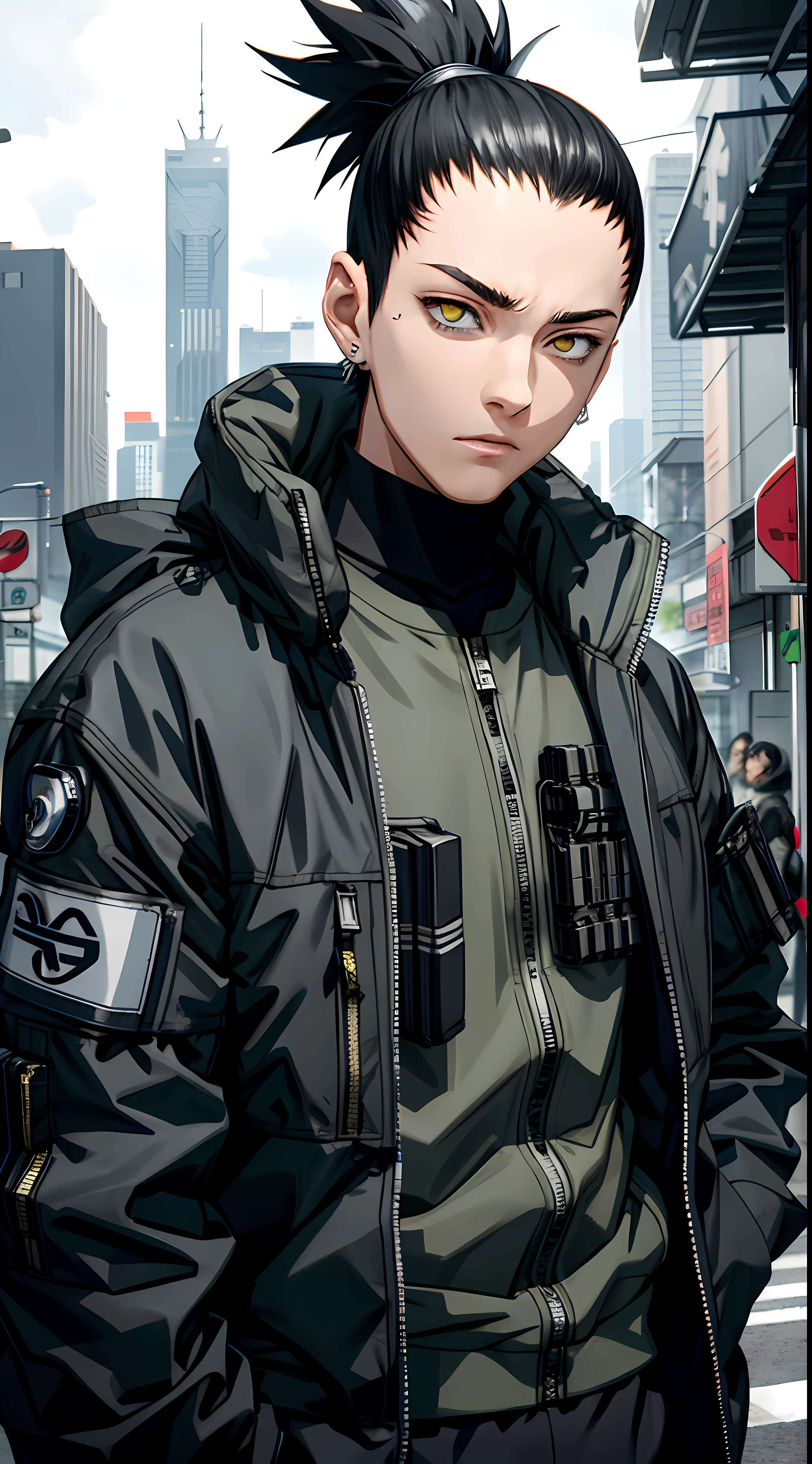 Masterpiece, 1boy, Superb Style, cyberpunk style, Streetwear clothes, Outdoor, Upper Body, Shikamaru nara, bright eyes, black hair, cool boy