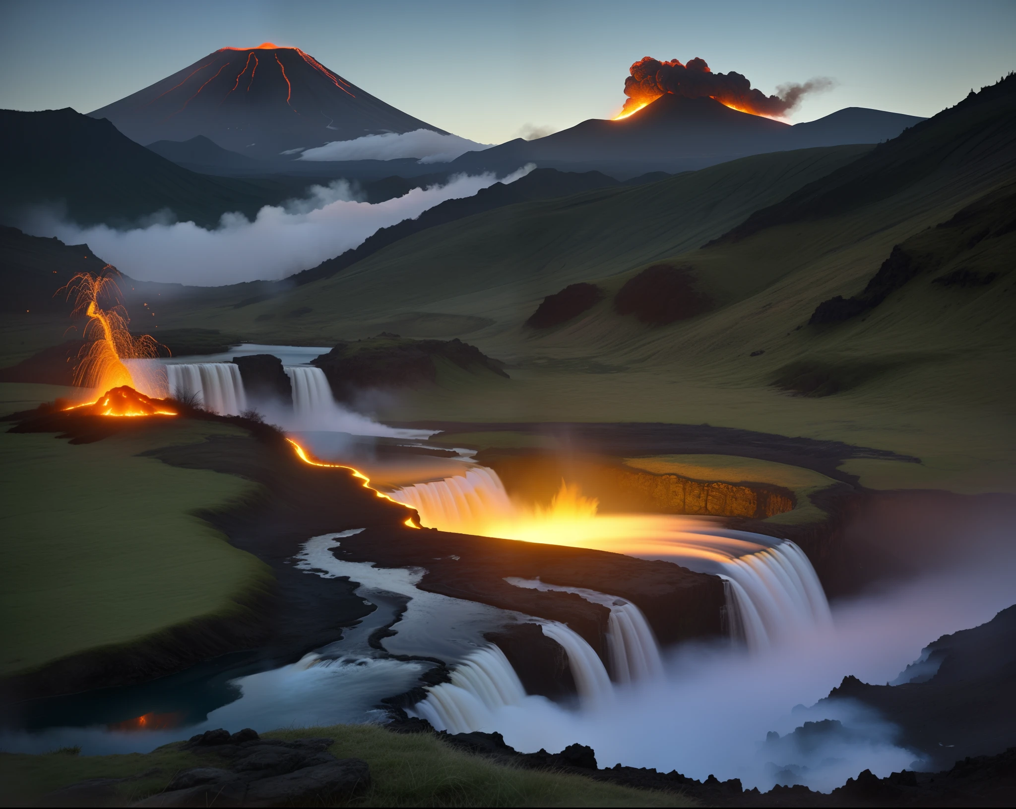 volcanoes,fire glow,molten lava,erupting,dense smoke,lakes、hole in the mountains、waterfallr,The tree、grassy fields、Rochas、hot onsen、hydrosphere、(illustratio:1.0)、Epic composition、Realistic lighting、high definition detail、tmasterpiece、Best quality,(非常详细的 CG 统一 8k 壁纸)
