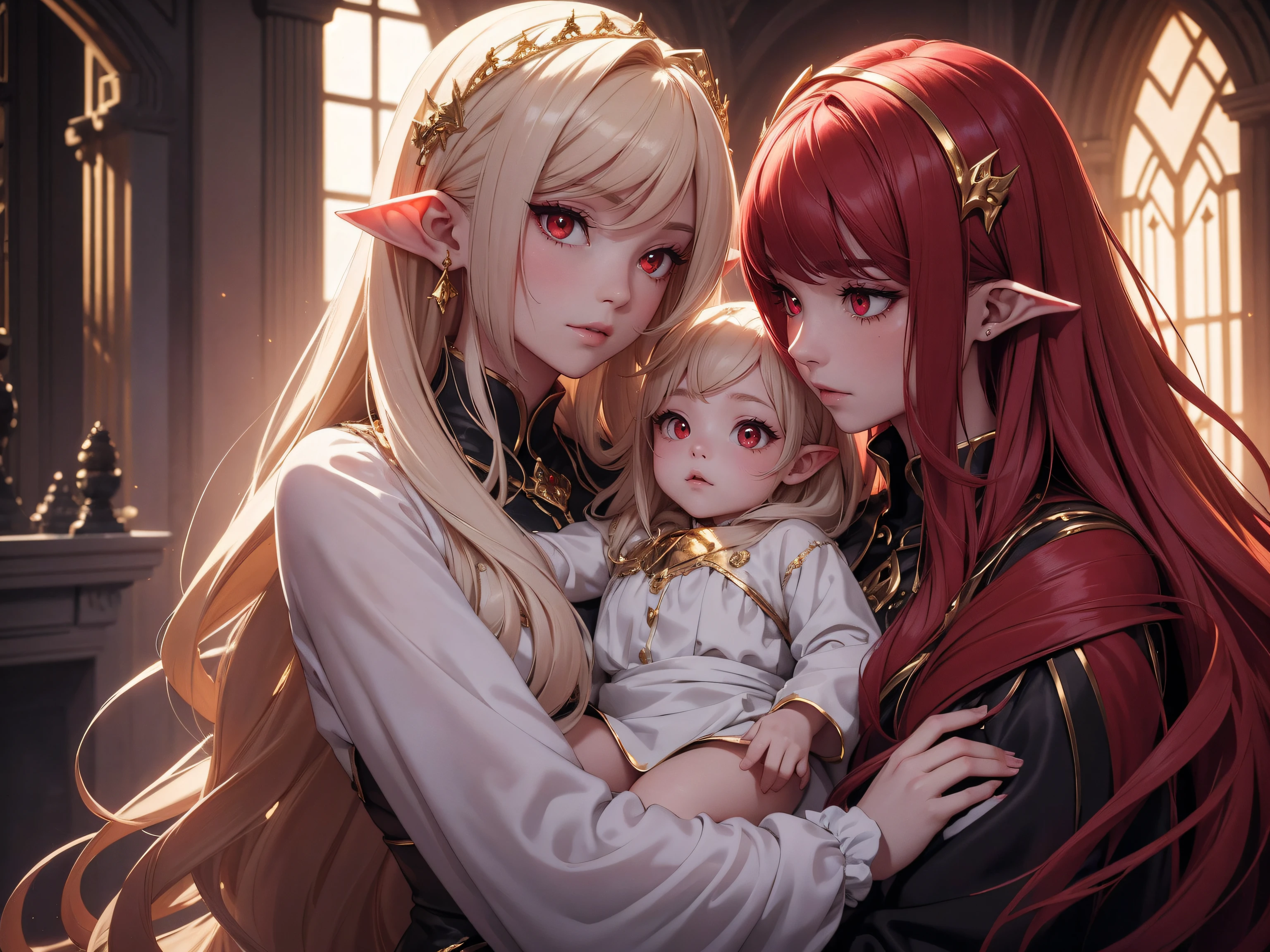 masterpiece, ultra detailed cute artwork of a vampire family with long gold hair and red eyes holding daughter, ethereal, pointy ears, fair skin, approaching perfection, Professional art, sweet, ultra-high definition, 8k, dreamy, glowing, backlit, glamour, glimmer, shadows