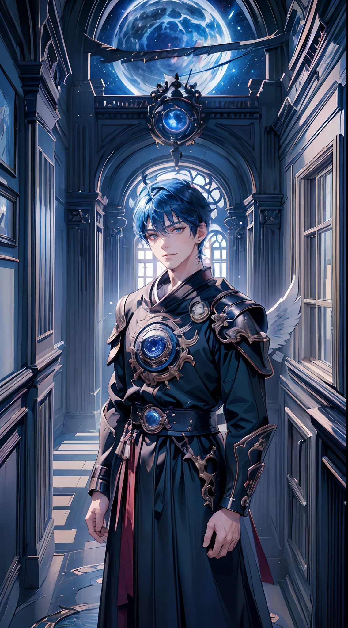 ((4K works))、​masterpiece、(top-quality)、One Beautiful Fallen Angel Boy、Slim body、tall、((Attractive British style))、(Detailed beautiful eyes)、((mid night))、In the English corridor、Castle inhabited by villains、Black shop window、Corridor at night、((You can see the starry sky from the window))、((dark sky))、((English corridors))、((Shot in a corridor in England))、mid night、((Short-haired bright blue hair))、((Smaller face))、((Wild face))、((White eyes))、((American adult male))、((Adult male 26 years old))、((Cool Men))、((Like a celebrity))、((Smiling expression))、((Korean Makeup))、((elongated and sharp eyes))、((Happy dating))、((boyish))、((Upper body photography))、Professional Photos、((Shot alone))、((Shot from diagonally in front))、((Shot in close proximity to him))、((Focus zoom in))、((He is standing in the hallway))