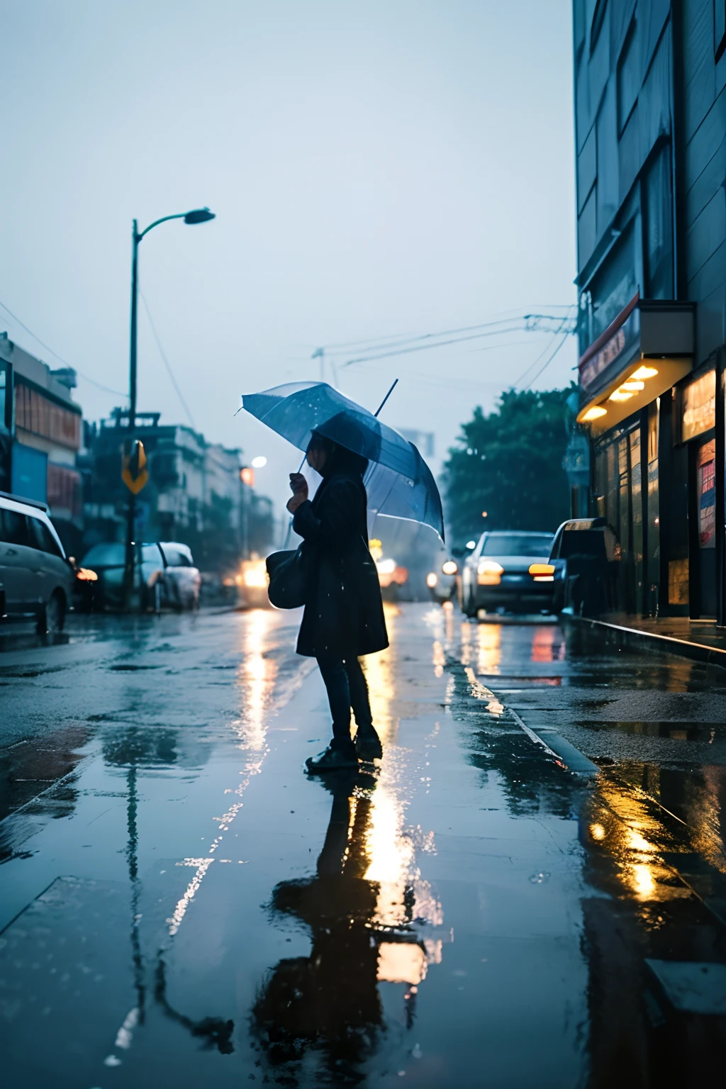 little bit of raining、early evening、puddles、Little light、umbrellas、No people、You can see a little bit of the sky