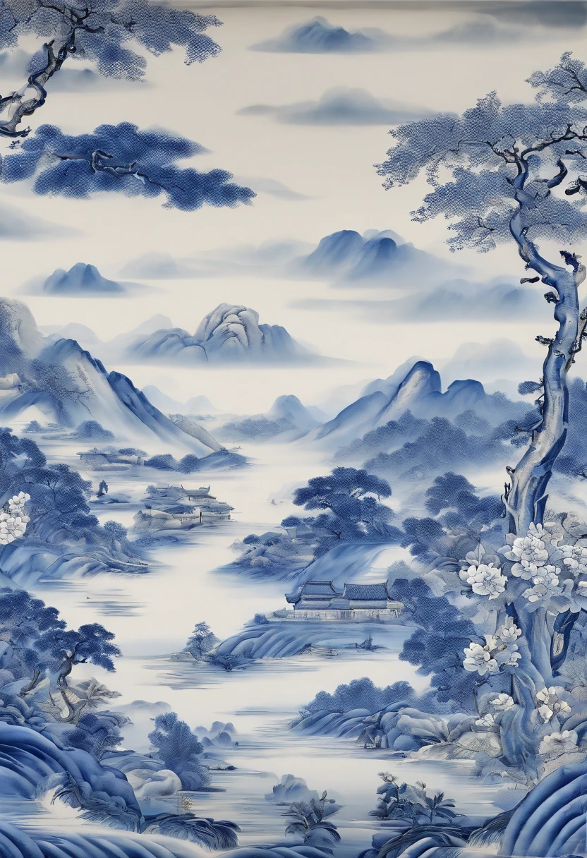 Blue and white porcelain,Qingming upper river map,Ceramic material,Porcelain plate painting,artwork of a,High detail,3D,Chiaroscuro, Cinematic lighting, god light, Cinematic lighting, hyper HD, High details, Best quality, A high resolution, Textured skin