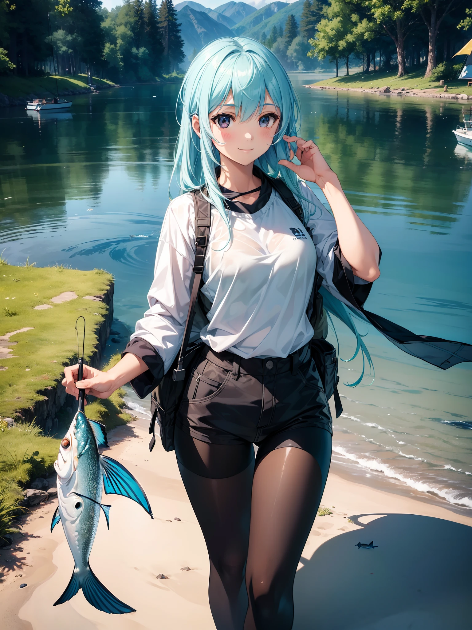 1 girl, doing fishing ,character focus, close to viewer,smile , outdoor clothing, (fish), (background tent), high resolution,(incredibly absurdres), (hires.fix:1.3),anime visual,extremely detailed CG unity 8k wallpaper, ((masterpiece)), ((top-quality)), (beautiful illustration,background Tento), ((an extremely delicate and beautiful))