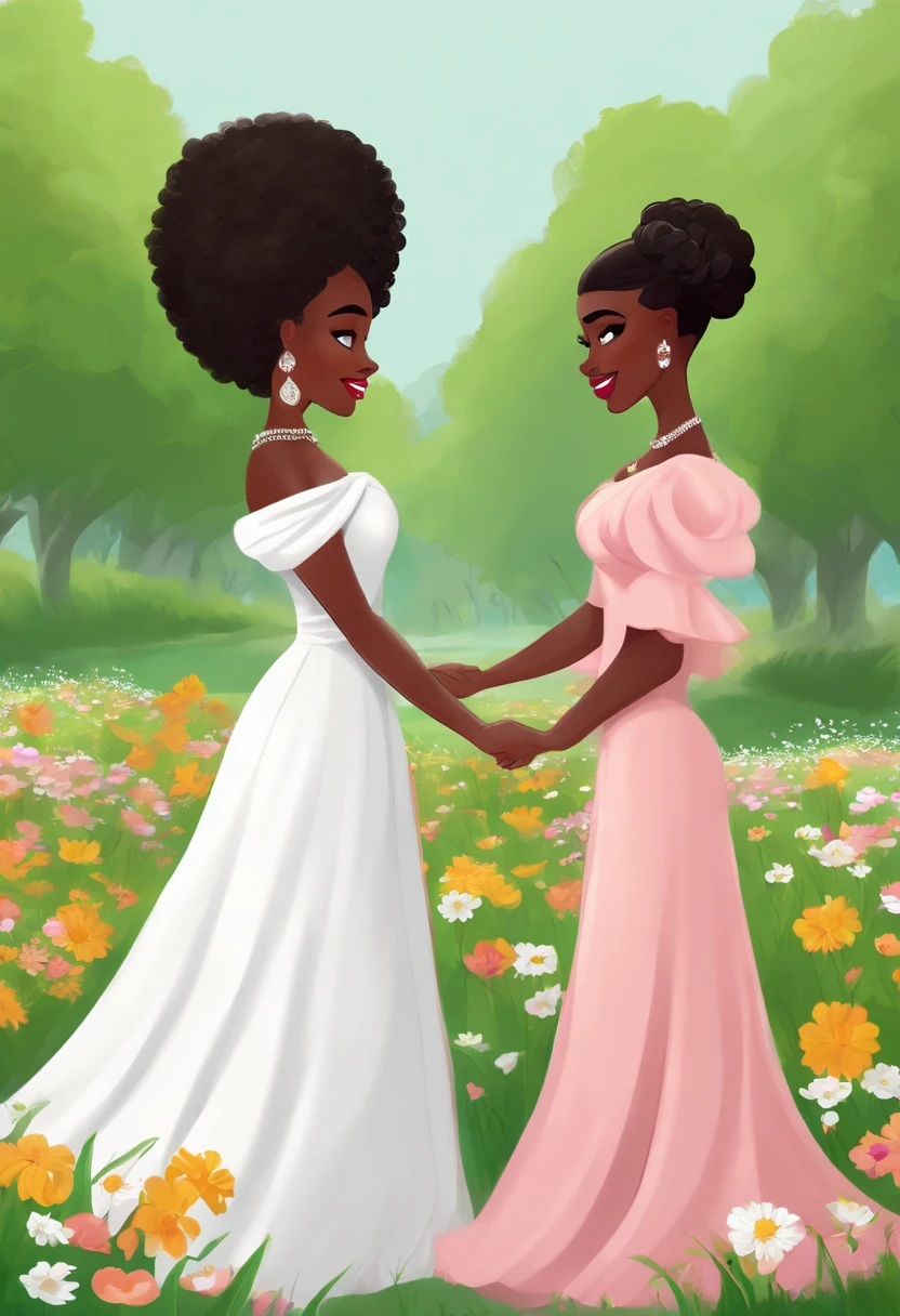 prompt: bride, black mother, holding hands, South Park version, colorful, vibrant, joyful, detailed eyes, detailed lips, beautiful dresses, cheerful expressions, sunny day, green grass, blooming flowers, heartwarming moment, playful poses, diverse, inclusive, cartoon style