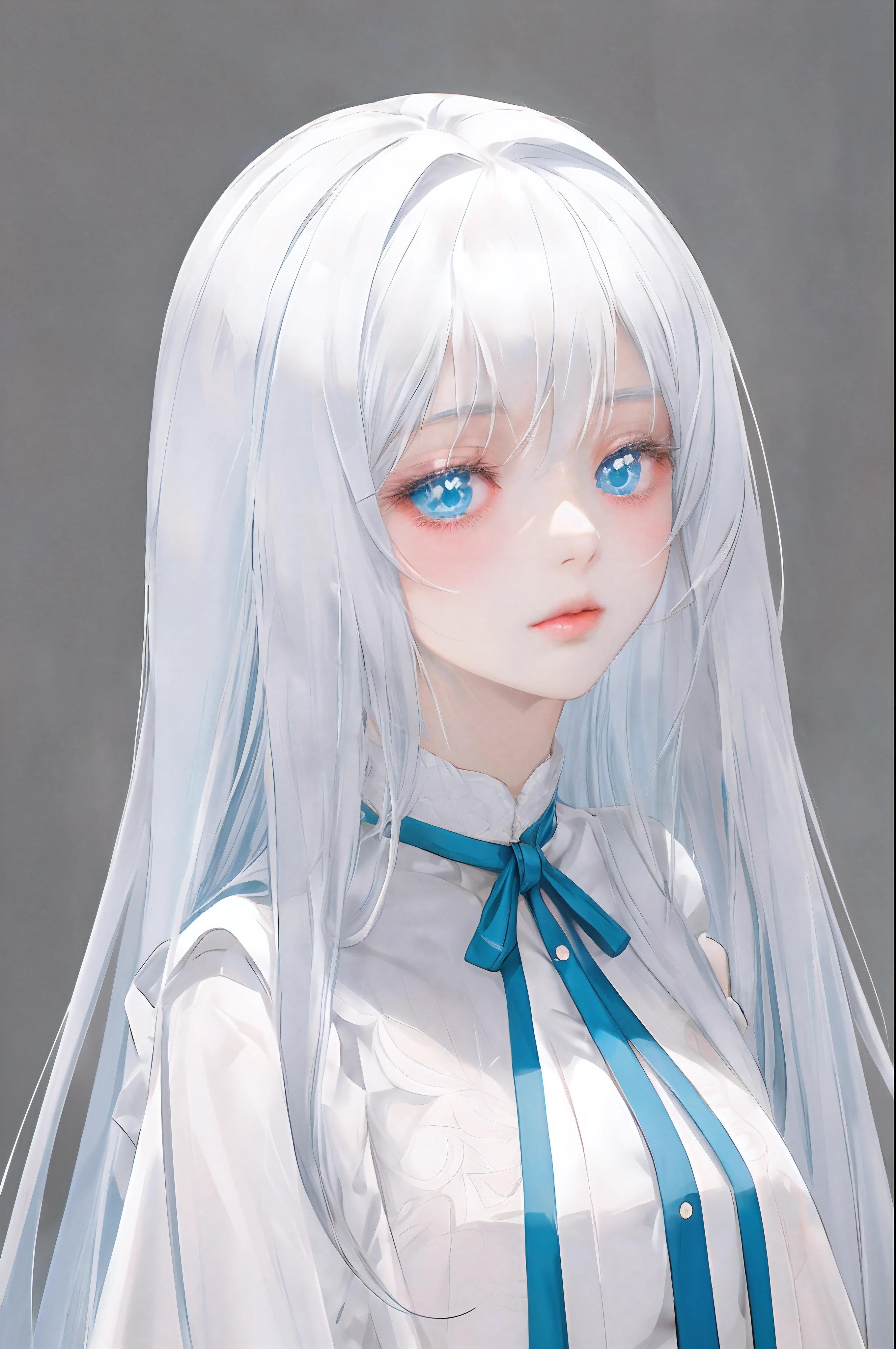 anime - style image of a woman with long white hair and blue eyes, smooth anime cg art, made with anime painter studio, painted in anime painter studio, photorealistic anime girl render, detailed digital anime art, detailed portrait of anime girl, girl with white hair, render of a cute 3d anime girl, portrait anime girl, render of april, female saint fantasy, symmetrical eyes, symmetrical face, natural beauty, beautiful girl, perfect face, perfect eyes, blushing