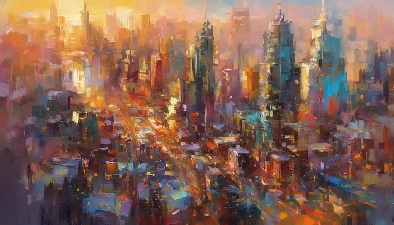 Daytime from the city, Buildings，Parks surround the city ，Bird's eye view of the city building skyline, Traffic is moving，Masterpiece oil painting, Drawing by Mark Lague.