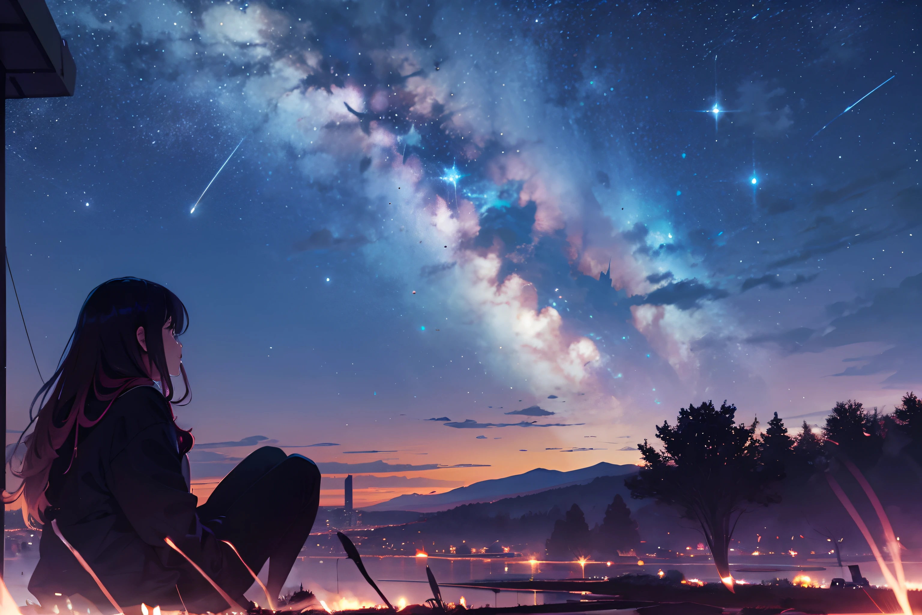 octans, sky, star (sky), scenery, starry sky, night, 1girl, night sky, solo, outdoors, building, cloud, milky way, sitting, tree, long hair, city, silhouette, cityscape