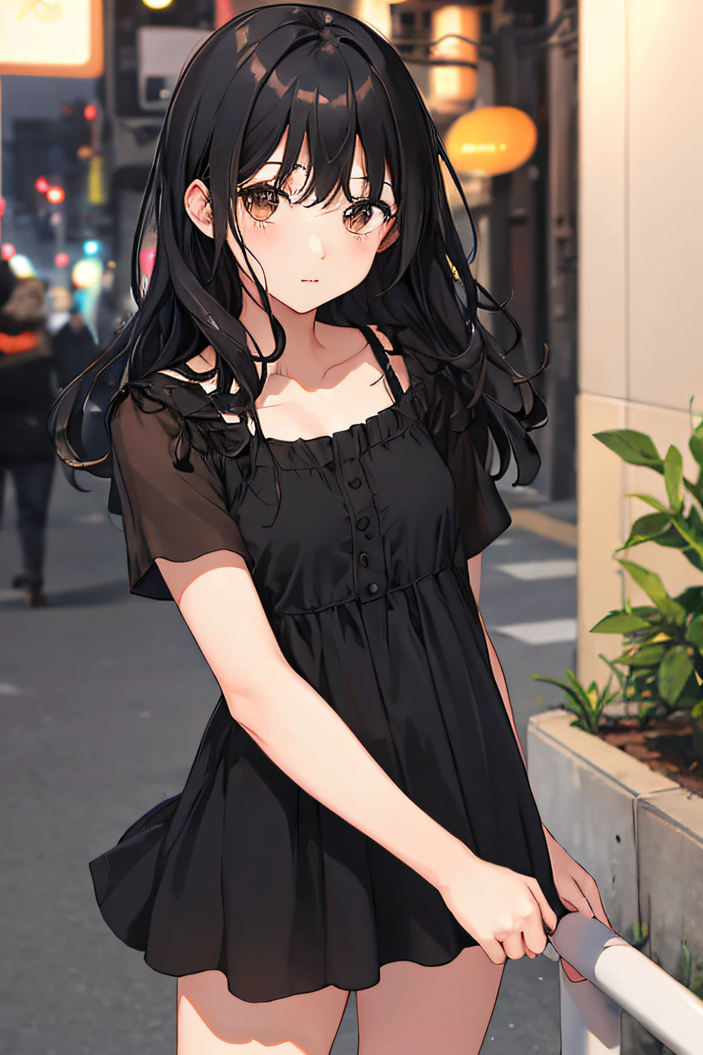 1girl, long black hair, brown eyes, wearing short black frock, night, absurdres, high res, ultrasharp, 8K, masterpiece, looking at viewer