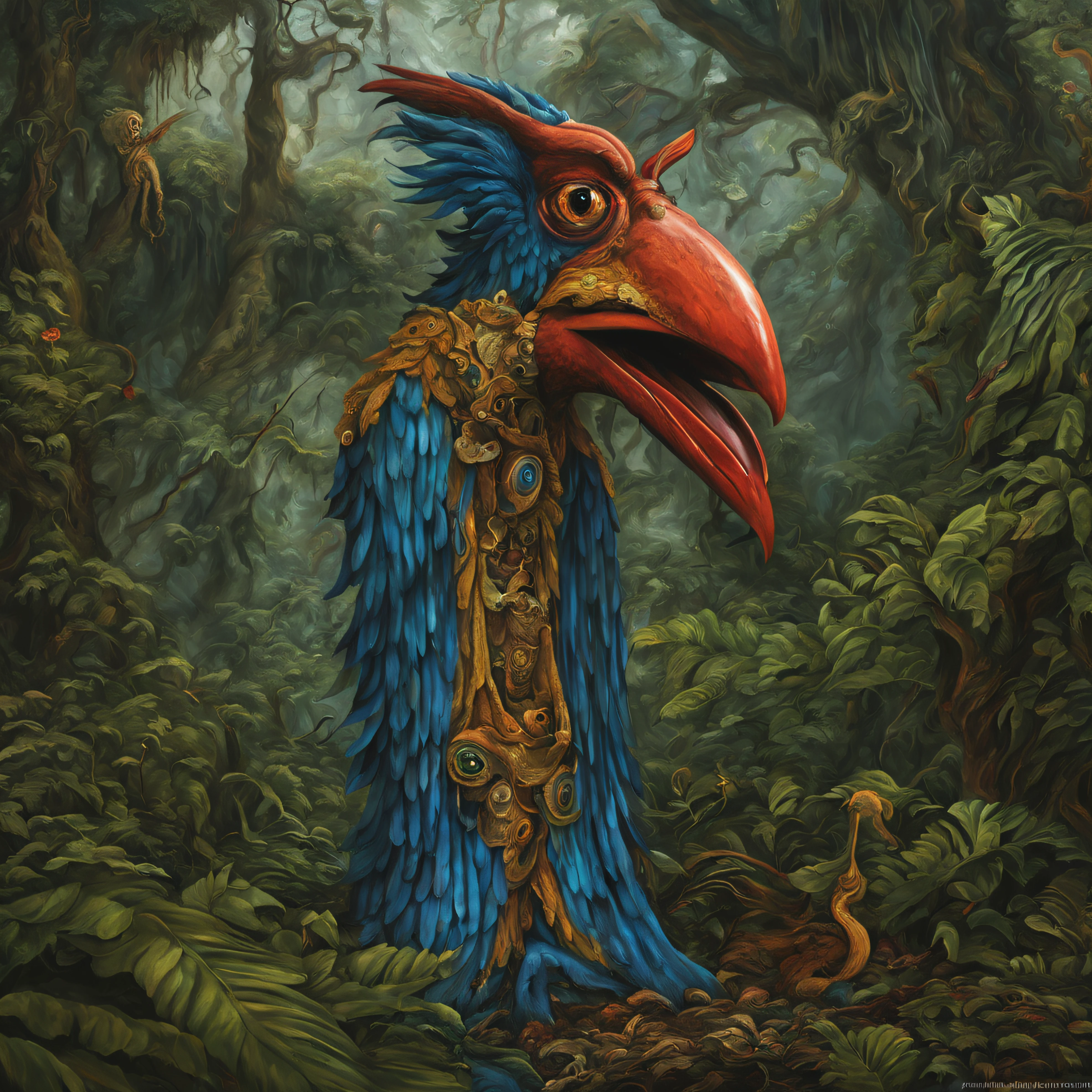 Scary apparition in the Amazon rainforest, A figure with a bird's beak, e asas assustadoras e olhos flamejantes, porte avantajado, coming from another dimension, arte de Clemilton Barbosa, detalhes intrincados, highes definition, 8k, maximo detalhe