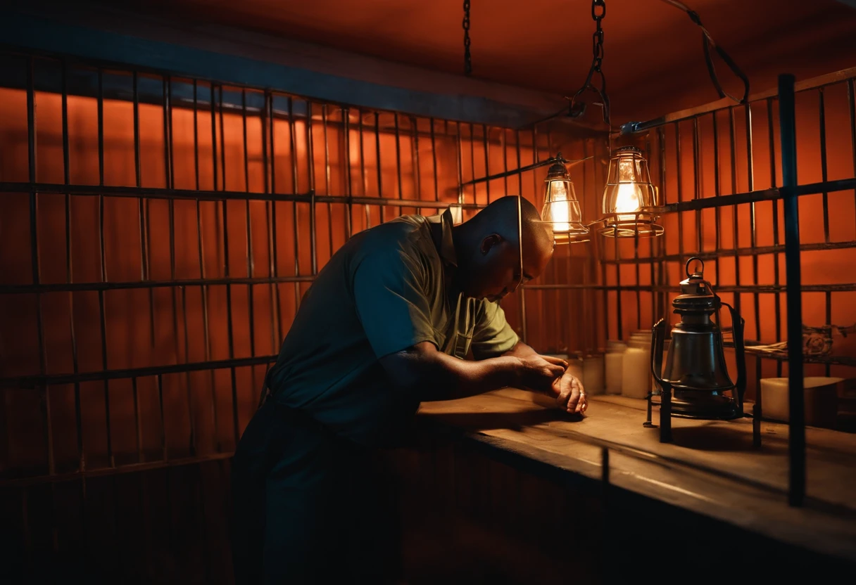 inmate fixing a lamp inside the prison with the prison guard behind him