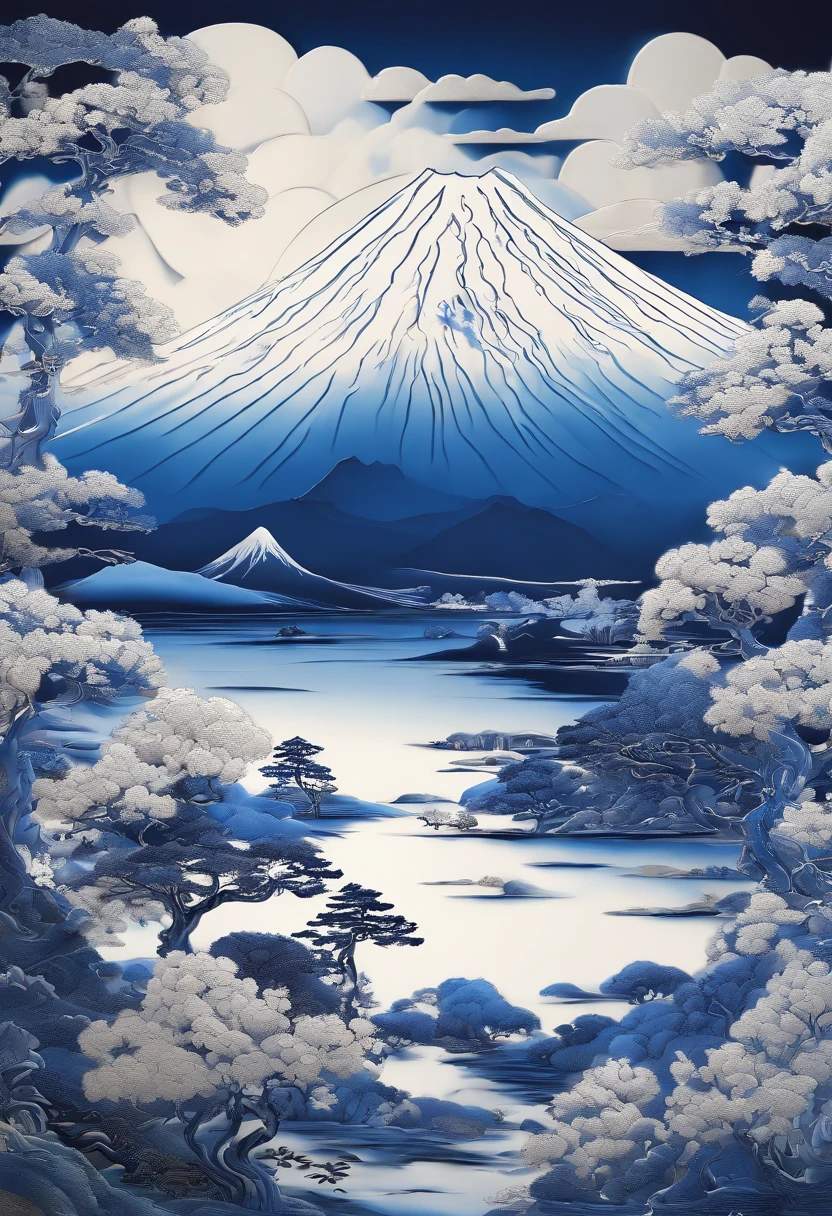 Blue and white porcelain,Mt. Fuji dwelling map,Ceramic material,Porcelain plate painting,artwork of a,High detail,3D,Chiaroscuro, Cinematic lighting, god light, Cinematic lighting, hyper HD, High details, Best quality, A high resolution, Textured skin