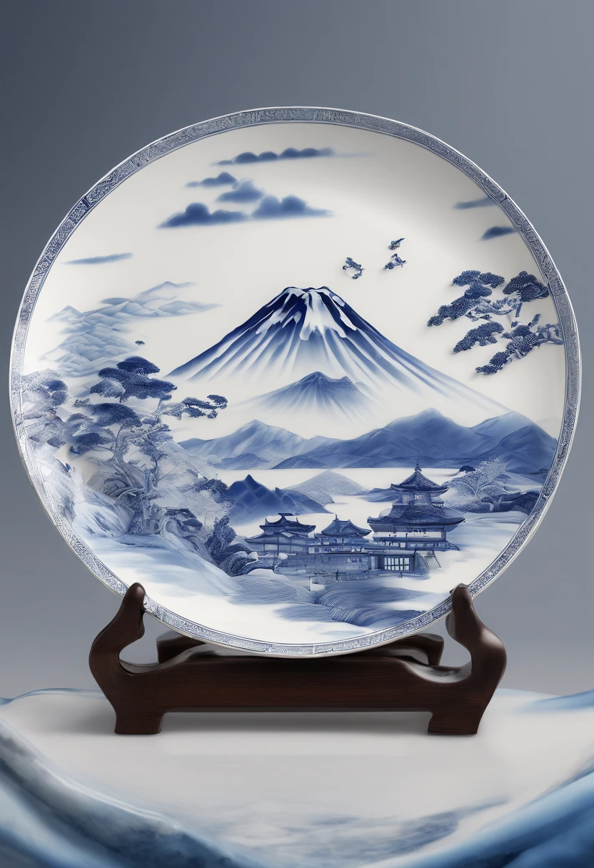 Blue and white porcelain,Mt. Fuji dwelling map,Ceramic material,Porcelain plate painting,artwork of a,High detail,3D,Chiaroscuro, Cinematic lighting, god light, Cinematic lighting, hyper HD, High details, Best quality, A high resolution, Textured skin