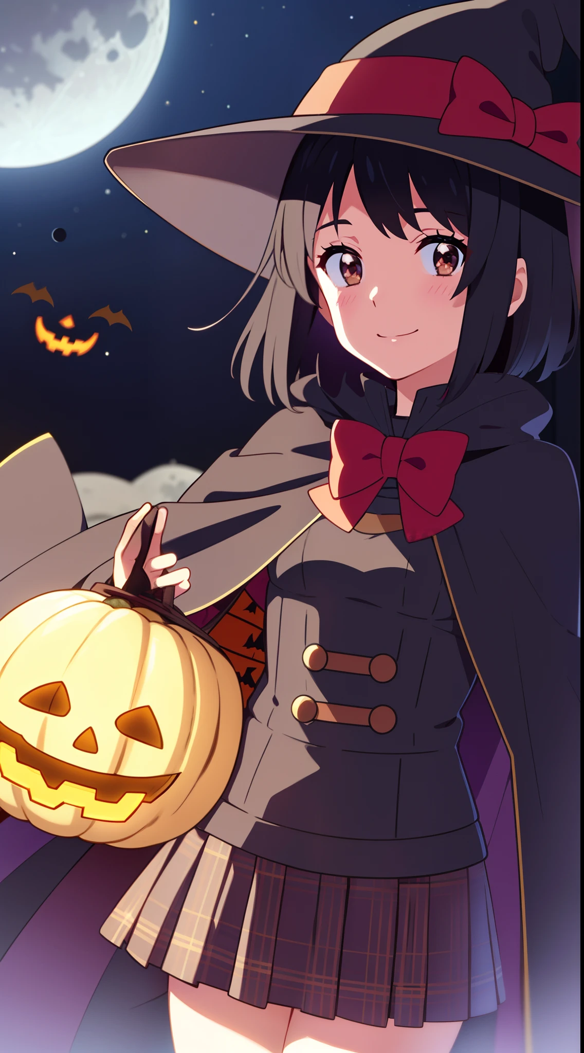 shinkai makoto, kimi no na wa., 1girl, bangs, black hair, blush, bow, brown eyes, looking at the viewer, short hair, smile, solo, happy, Halloween, black dress Halloween, Upper body, moon lighting, Perfect hand, Tokyo at night, Halloween Decorations, Wizard Hat, cloaks, skirt, Plaid miniskirt