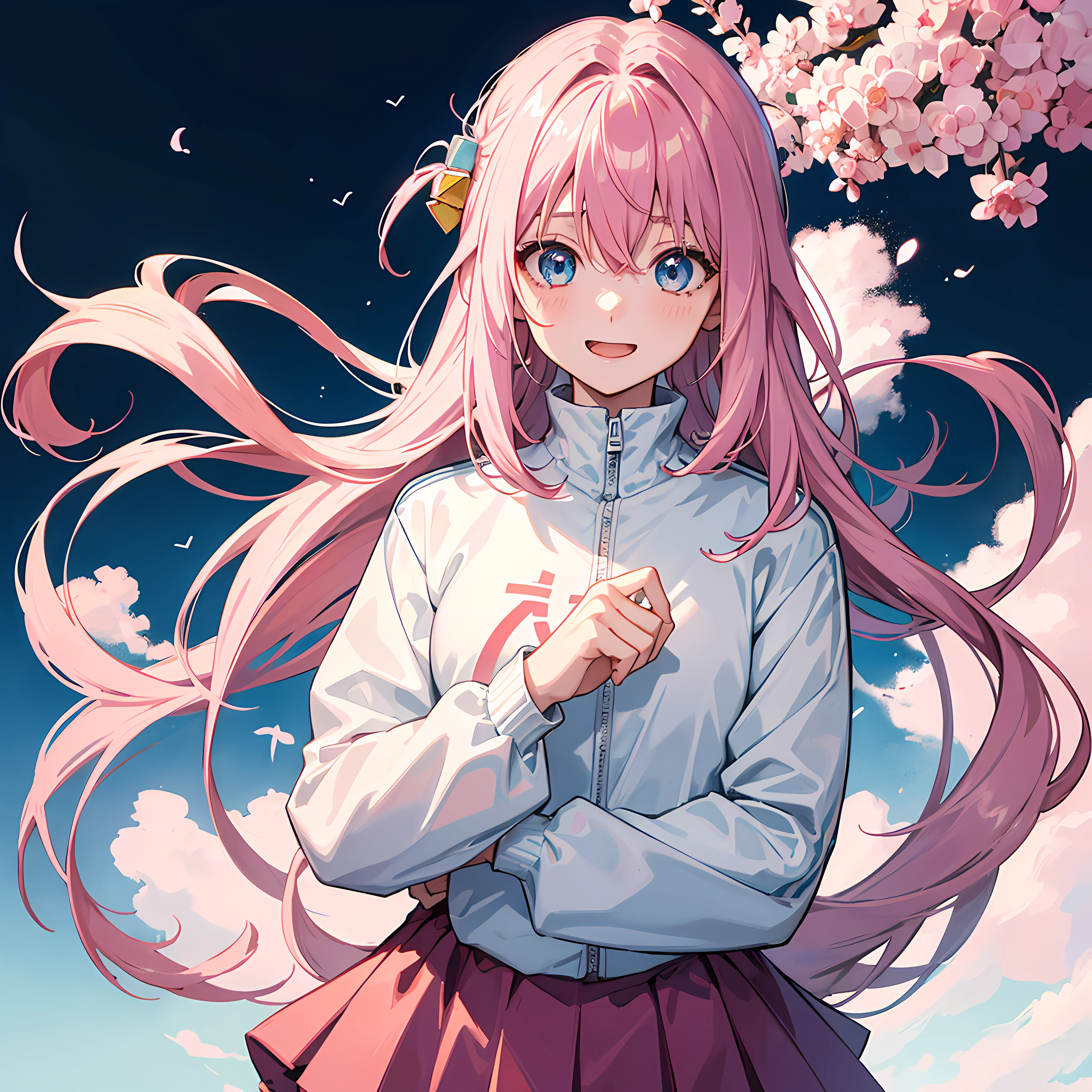 gotoh hitori, 1girl, solo, long hair, smile, open mouth, blue eyes, simple background, long sleeves, white background, hair between eyes, upper body, pink hair, v, one side up, trembling, shaded face, track jacket, double v, nervous, nervous smile, cube hair ornament, pink track jacket