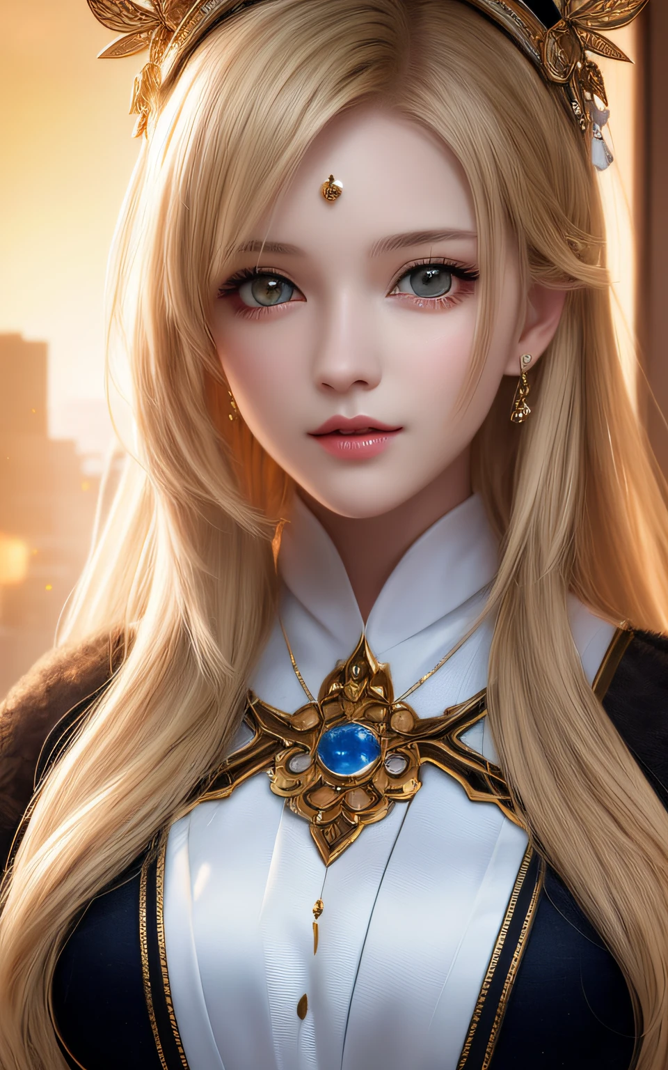 animesque、anime styled、ssmile、portraitures、Beautifully moisturized amber eyes like clear glass、Beautiful blonde hair without hair ornaments, extremely detailed eye and face, Beautiful detailed eyes, huge filesize, ultra-detailliert, hight resolution, ighly detailed, top-quality, masterpiece, illustratio, ighly detailed, nffsw, unification, 8k wallpaper, splendid, finely detail, 32Year old girl