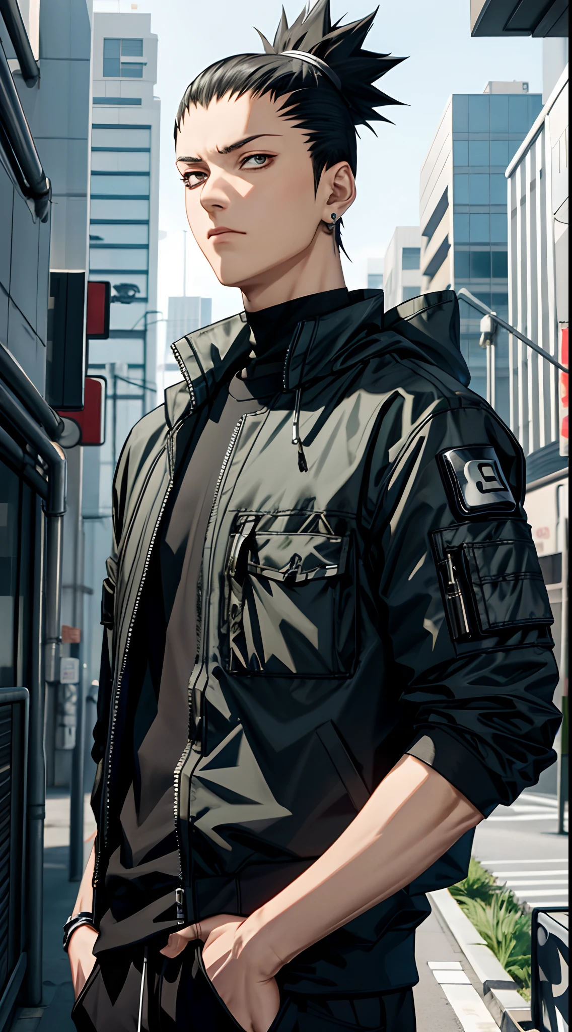 Masterpiece, 1boy, Superb Style, cyberpunk style, Streetwear clothes, Outdoor, Upper Body, Shikamaru nara, bright eyes, black hair, cool boy