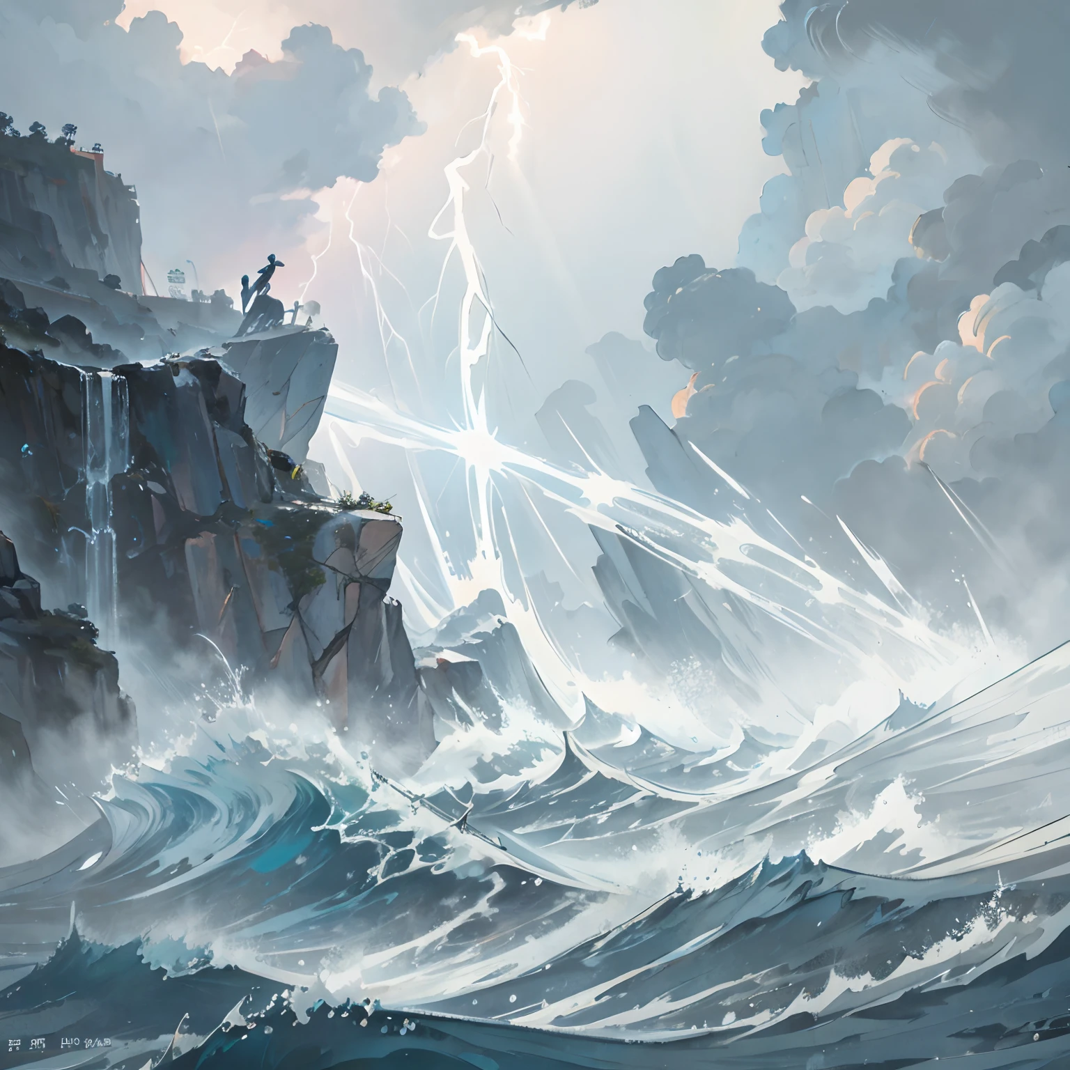 A young sorcerer controlling a torrent of water that forms into various shapes like dragons and waves, Cliffside overlooking a vast, turbulent ocean with storm clouds brewing in the distance, Empowering and intense with a sense of raw elemental magic, Anime Style High-energy digital painting with bold, dynamic lines and dramatic contrasts to emphasize the sorcerer's power and the churning ocean below