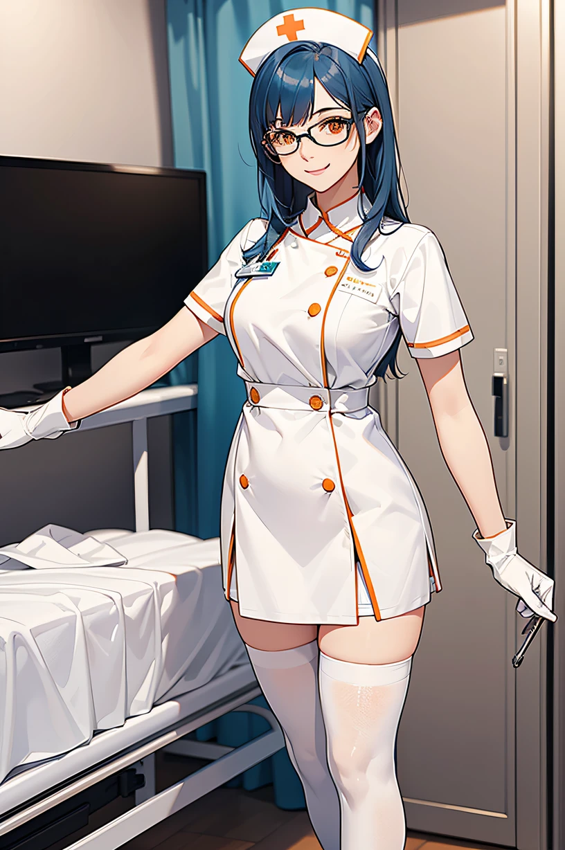 1girl, solo, nurse, nurse cap, white wear, ((white legwear, zettai ryouiki)), white gloves, glasses, blue hair, orange eyes, smile, standing, ((hospital room)), sharp outline, short sleeves, best quality, masterpiece